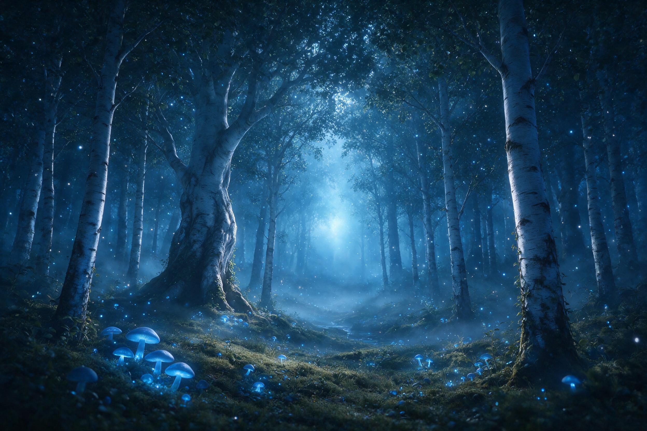 A luminous moonlit forest with towering silver trees, glowing blue mushrooms scattered on the mossy ground, a gentle mist weaving through ancient trunks, fireflies dancing in the air, soft moonlight filtering through the canopy, ethereal atmosphere, dreamlike composition.