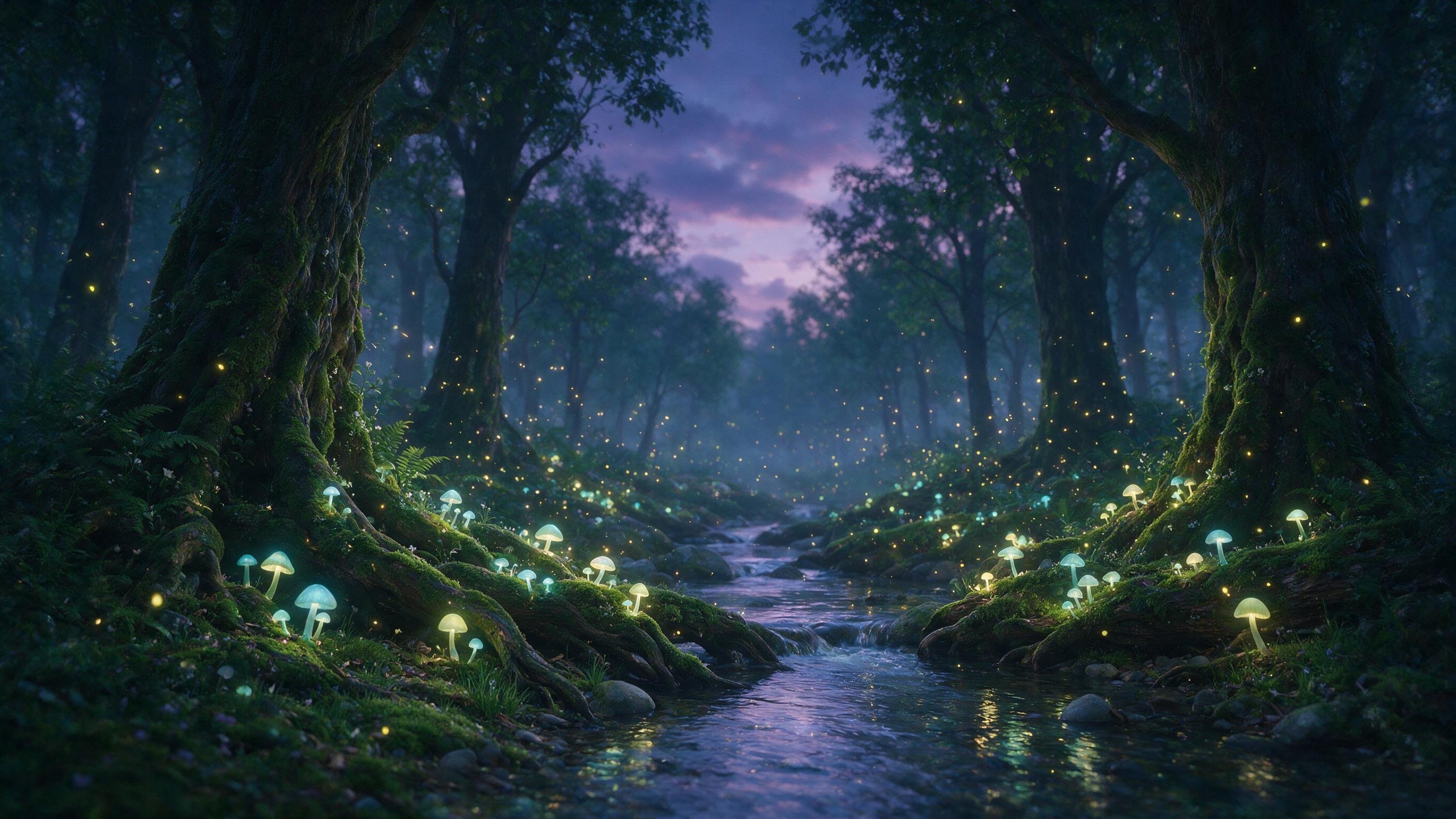 A glowing, ethereal forest at twilight, with bioluminescent mushrooms and fireflies floating in soft mist, ancient trees with twisted roots, a gentle stream reflecting the shimmering light, depth of field, natural lighting, slight grain