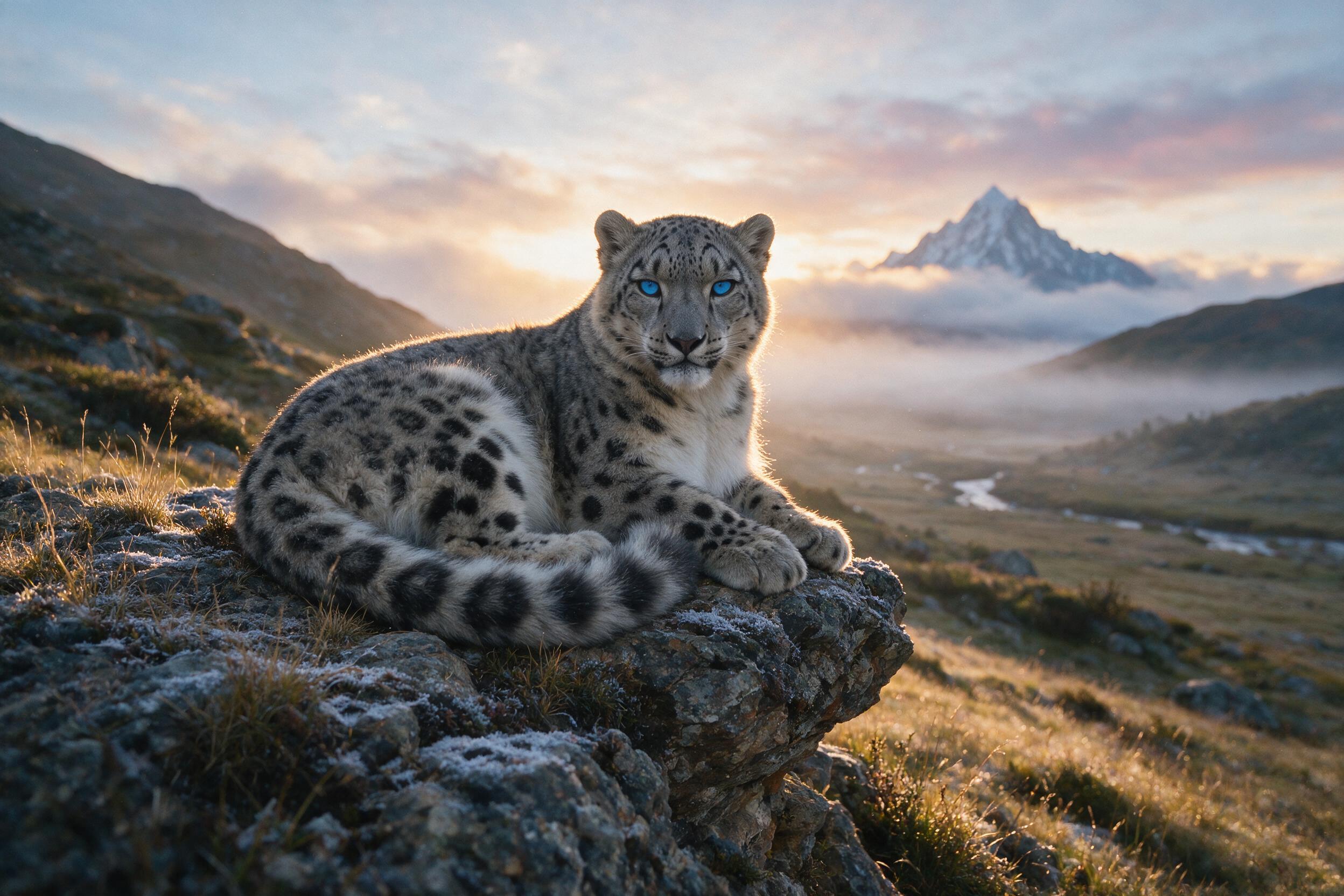 A snow leopard rests on a rocky outcrop at dawn, its thick fur catching the warm golden light against a misty valley below. The cat's piercing blue eyes gaze directly into the lens, while soft bokeh blurs the alpine meadow. Shot on 200mm lens, natural morning glow, subtle grain.
