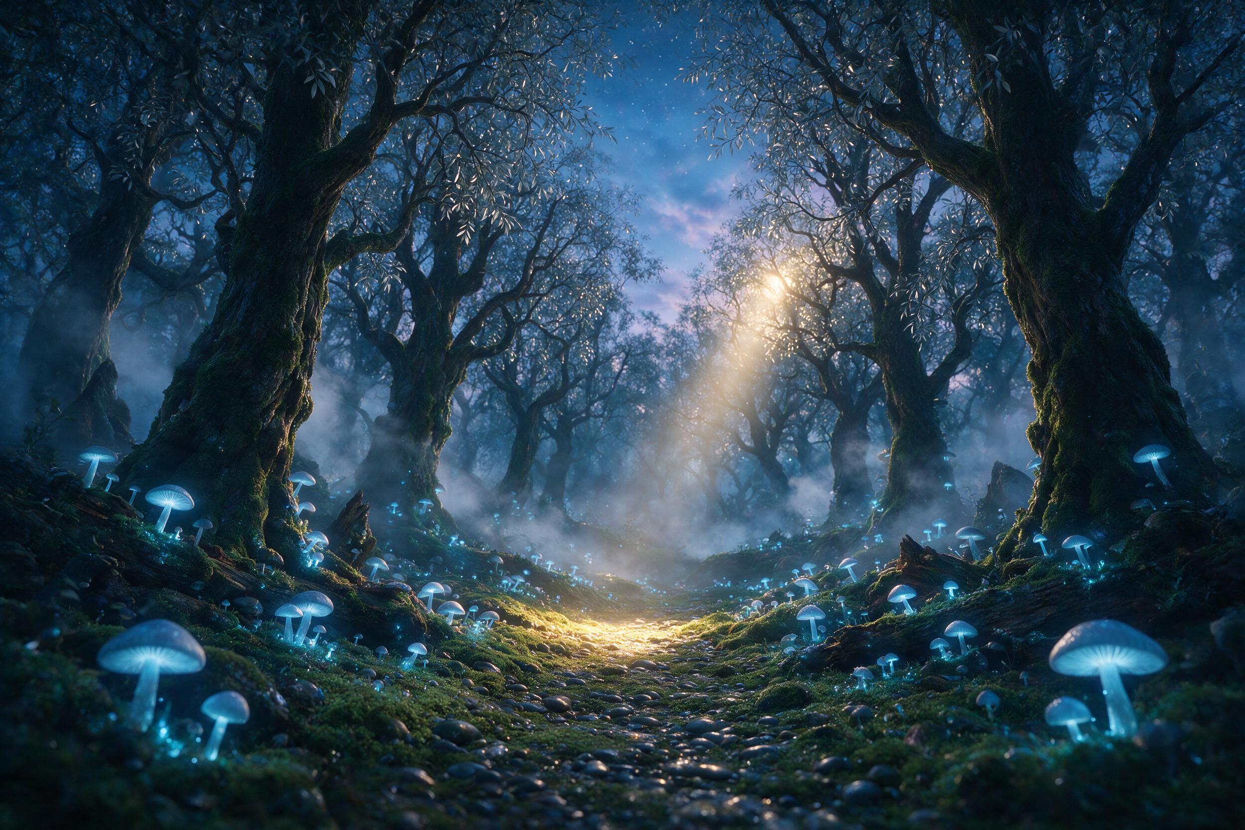 A mystical forest at twilight, glowing mushrooms casting soft blue light on a winding mossy path, ancient gnarled trees with silver leaves, ethereal mist swirling between trunks, a single beam of golden moonlight piercing through the canopy, shallow depth of field, cinematic composition, natural atm