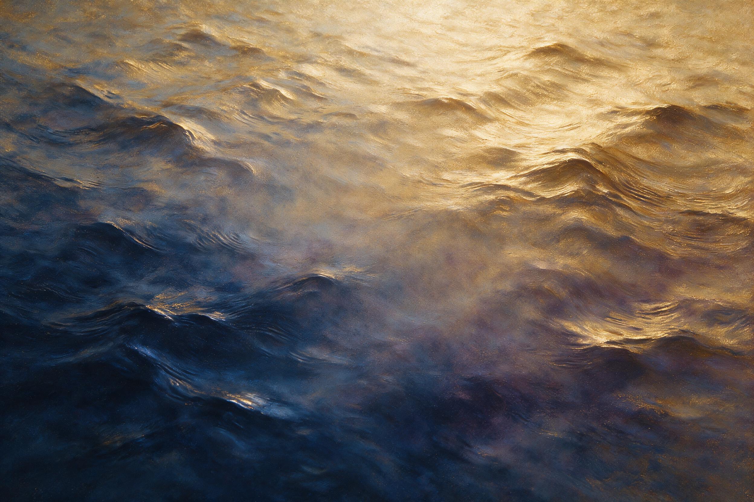 Rippling pools of molten gold and deep indigo, uneven brushstrokes of oil paint blending into a foggy haze, soft diffuse light from above casting gentle shadows, cold and warm tones clashing, no sharp edges, photorealistic texture with subtle grain