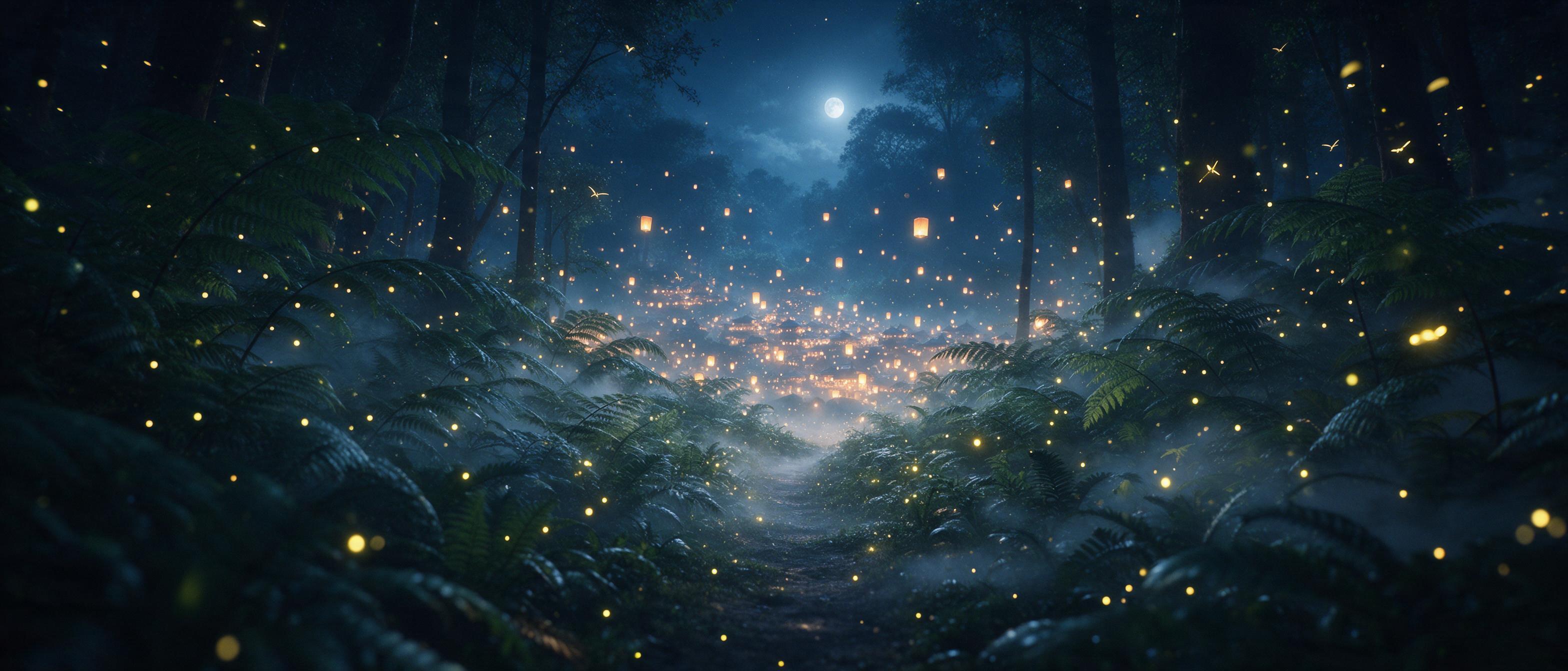A moonlit emerald forest with a winding path that leads to a floating, glowing lantern village, fireflies dancing in the air, mist curling between giant ferns, soft blue and gold color palette, ethereal atmosphere, cinematic wide shot, shallow depth of field, warm light sources contrast with cool sh