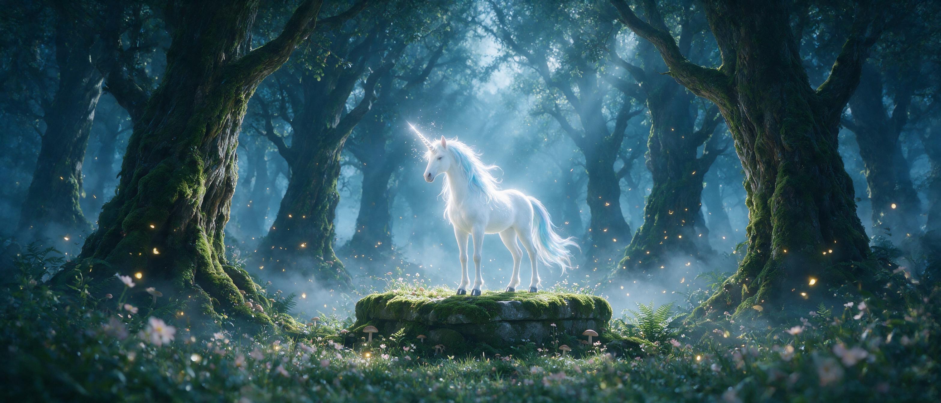A luminous unicorn with a silver horn stands on a moss-covered stone in a misty forest, moonlight filtering through ancient trees, fireflies swirling around, soft glow and ethereal atmosphere, subtle color grading, cinematic composition.
