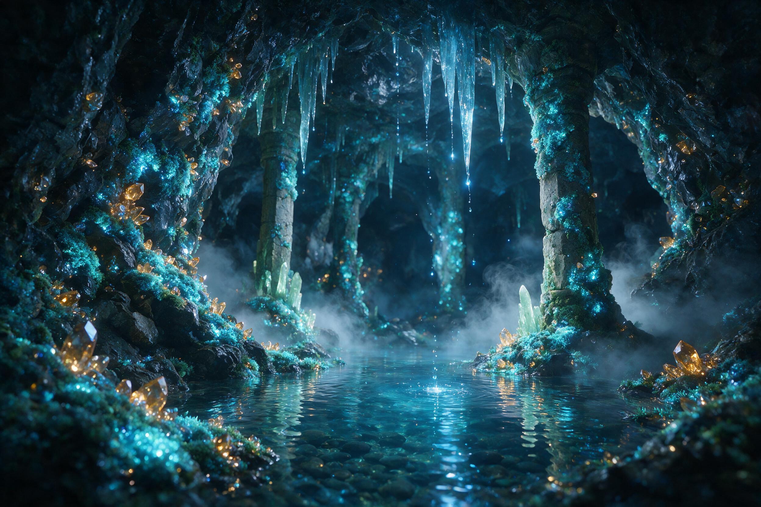 A luminous crystal cave deep underground, glowing bioluminescent moss covering jagged walls, a small pool of clear water reflecting soft blue light, delicate stalactites dripping with magic, mist swirling around ancient stone pillars, warm amber tones from scattered crystals, shallow depth of field 