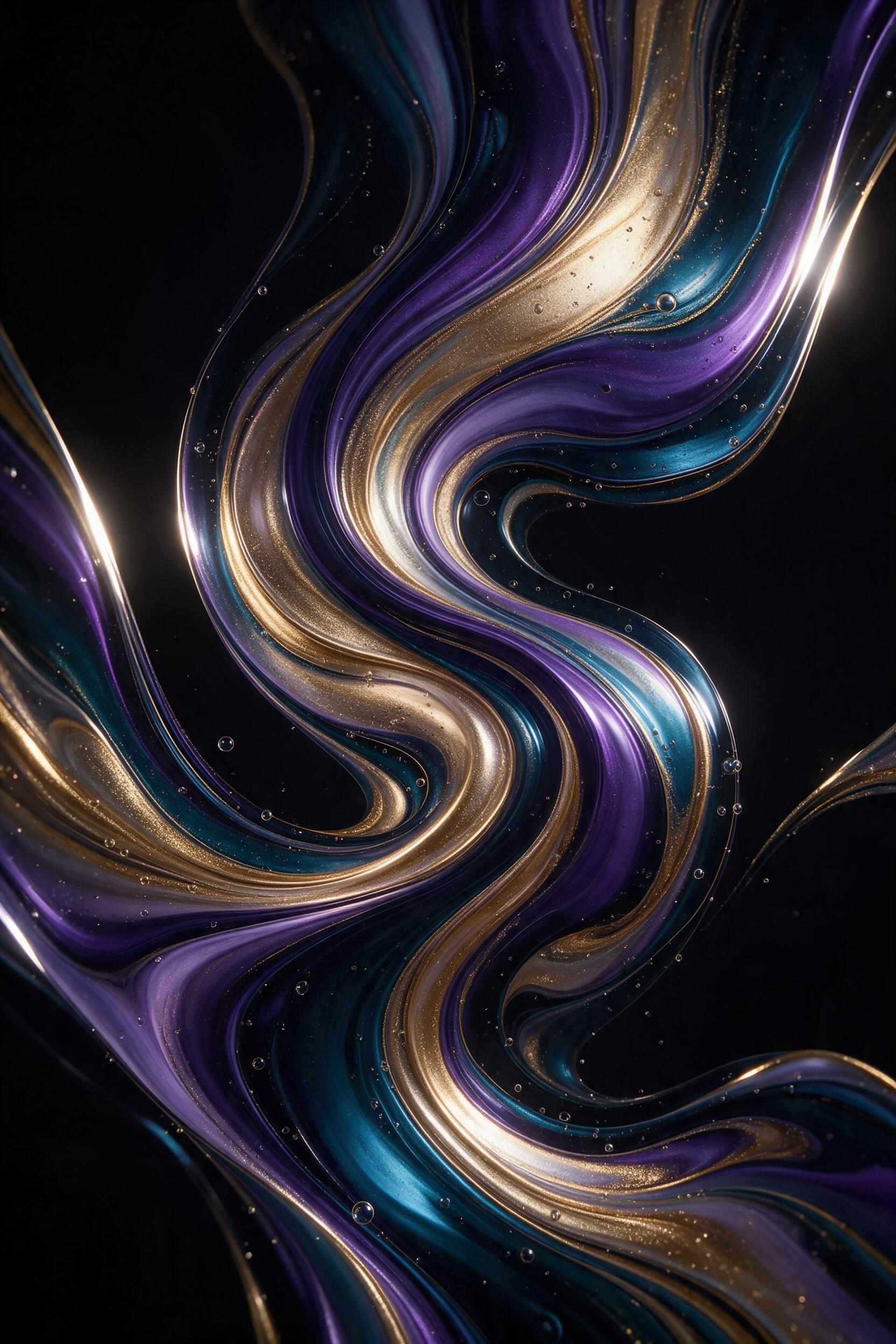Abstract fluid art with swirling ribbons of iridescent violet, molten gold, and deep teal colliding in a dark void. Glossy, wet surface catches sharp highlights from an edge light. Smooth, flowing curves create a sense of motion, with subtle micro-bubbles frozen mid-flow. Minimalist composition, cen
