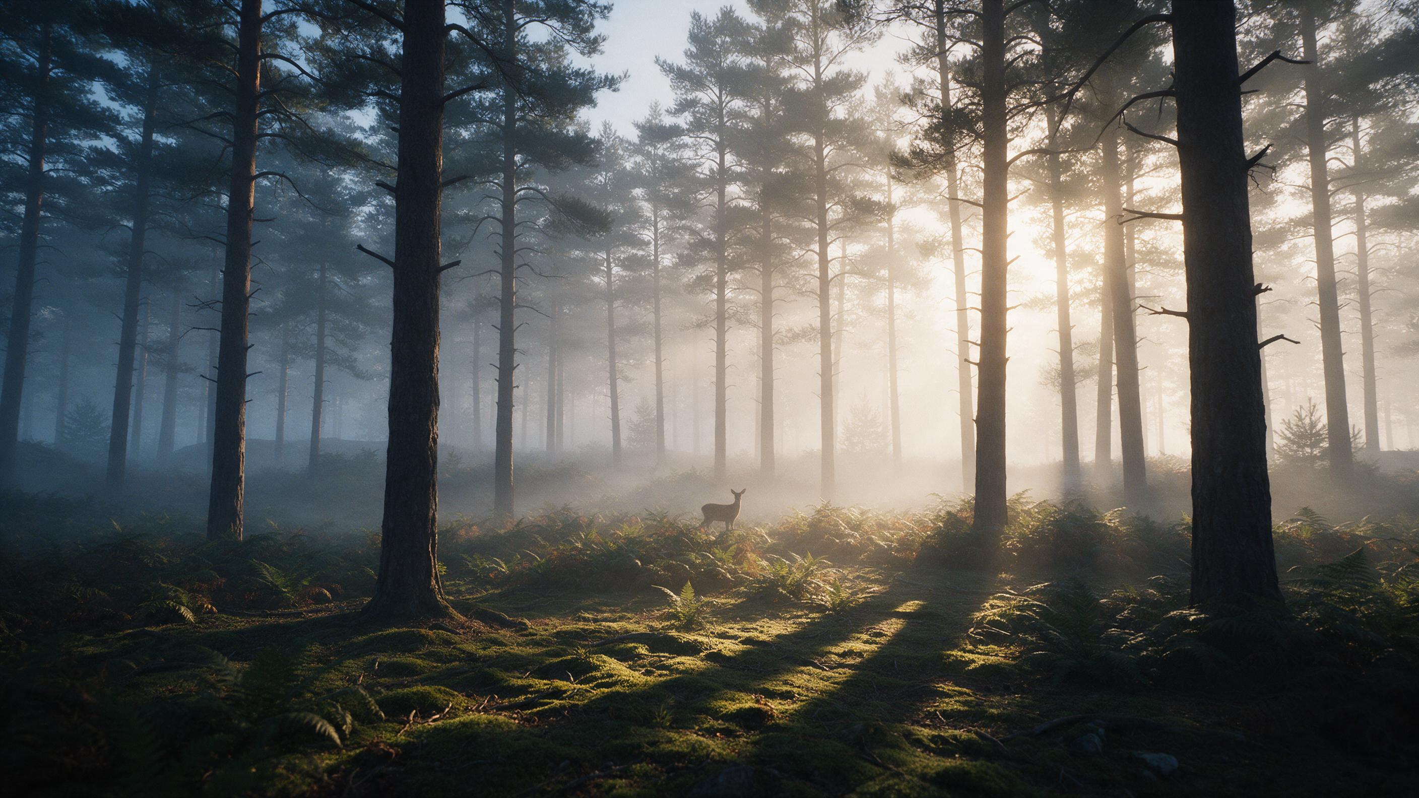 A misty pine forest at dawn, sunlight streaming through tall trees, casting long shadows on mossy ground, a small deer standing still among ferns, soft fog, cool blue and warm golden tones, wide-angle composition, serene atmosphere