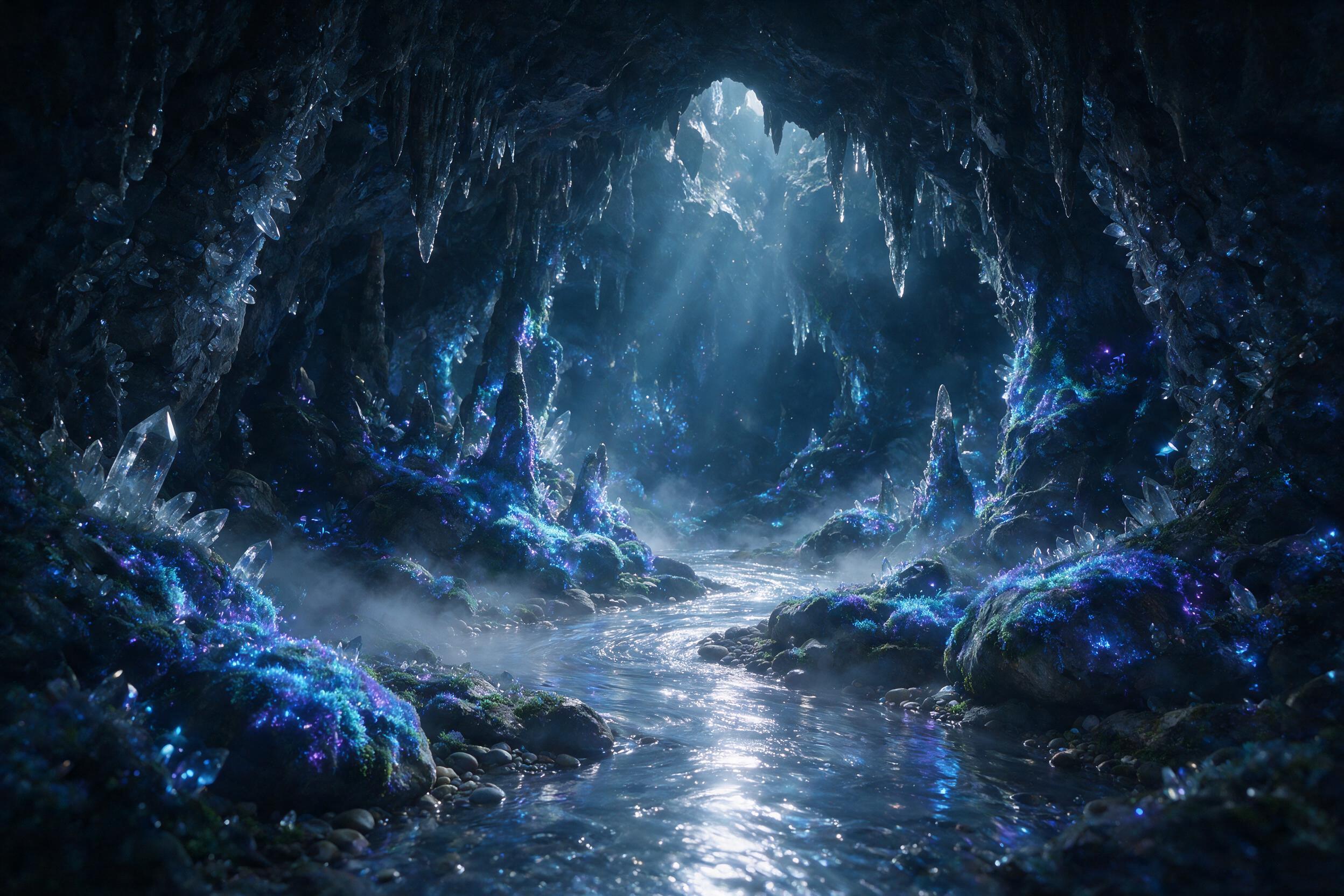 A luminous crystal cave deep underground, glowing blue and purple bioluminescent moss covering the walls, a small stream of liquid silver flowing through the center, soft mist rising, ethereal light rays piercing through cracks above, magical atmosphere, dreamlike composition.