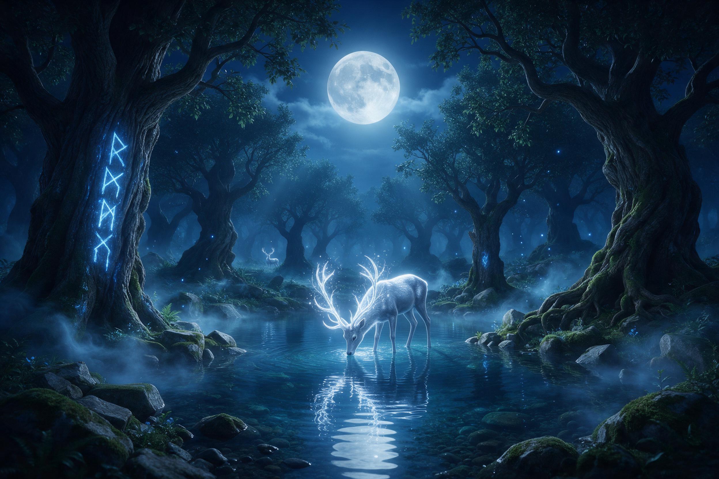 A moonlit enchanted forest clearing, ancient gnarled trees with glowing blue runes, luminous mist curling around mossy stones, a silver deer with antlers of light drinking from a crystal pool, soft ethereal glow, deep blue and emerald palette, wide-angle composition, dreamlike atmosphere with subtle