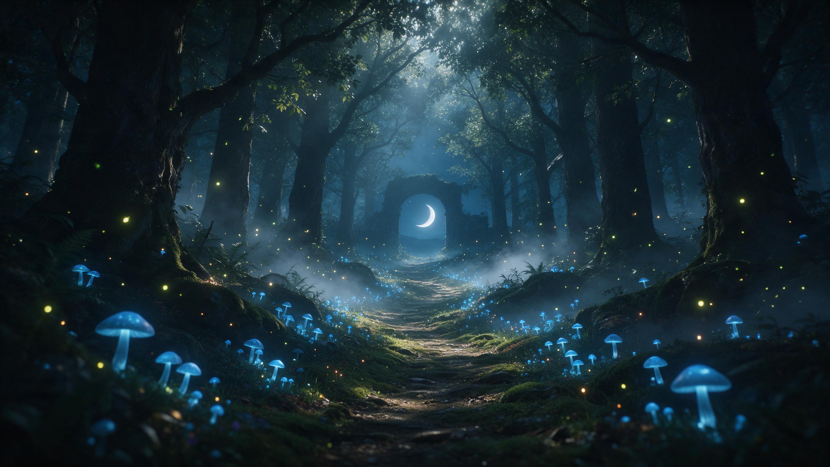 A moonlit ancient forest where glowing blue mushrooms line a winding mossy path; fireflies drift through silver mist; a distant stone archway frames a crescent moon; cool cyan tones with warm amber highlights; soft beams breaking through dense canopy; cinematic composition, shallow depth of field.