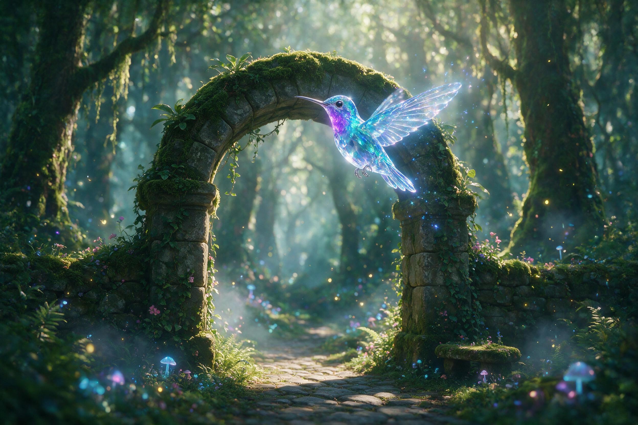 A glowing crystal hummingbird hovers over a moss-covered stone arch in an enchanted forest, soft bioluminescent blue and purple light spilling from its wings, mist swirling around, dappled sunlight filtering through canopy, shallow depth of field, dreamy ethereal atmosphere