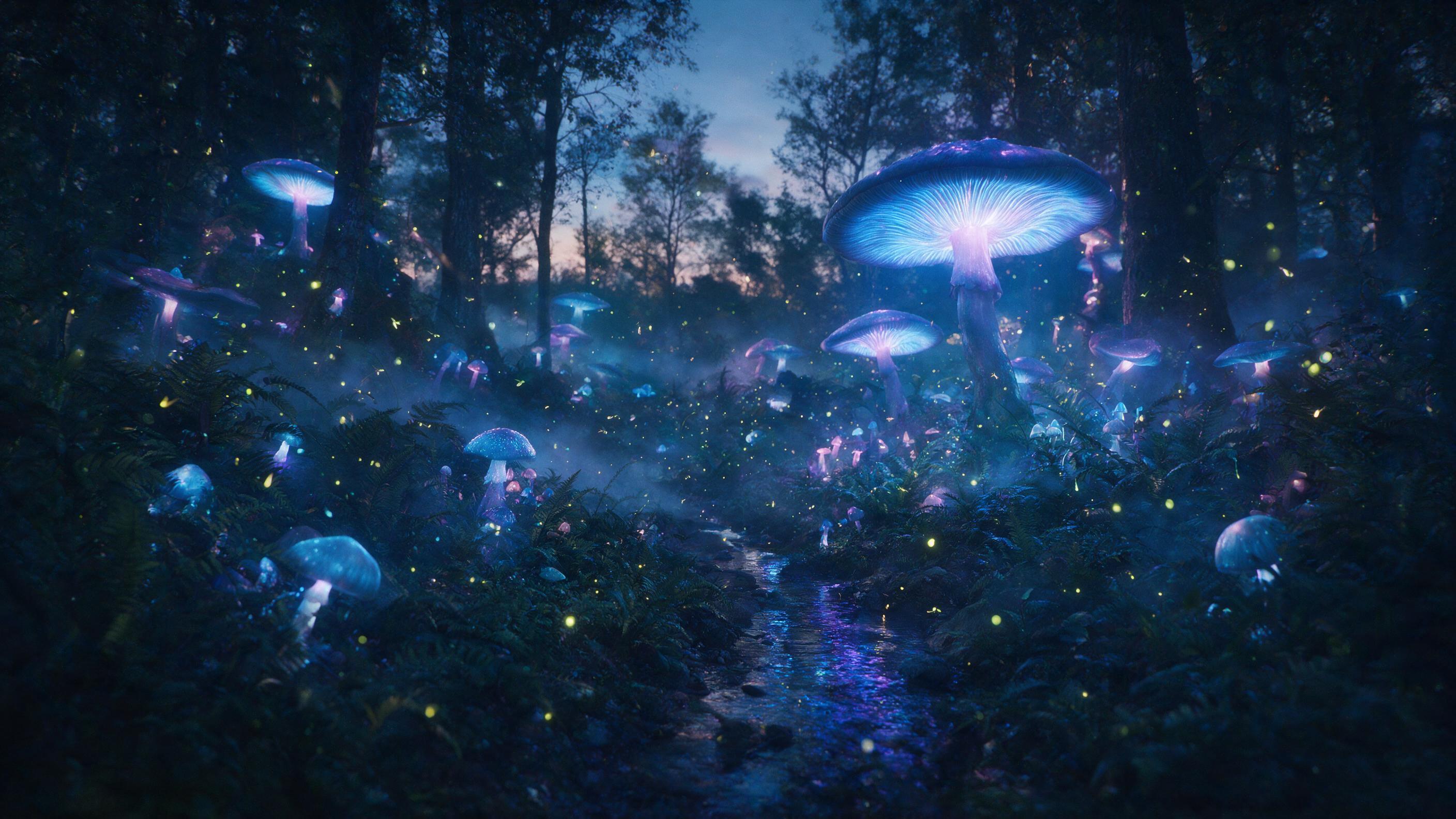 A luminous bioluminescent forest at twilight, with giant glowing mushrooms and ancient ferns, a small stream reflecting blue and purple light, soft mist rising, fireflies dancing in the air, cinematic composition, dreamlike atmosphere, slight grain