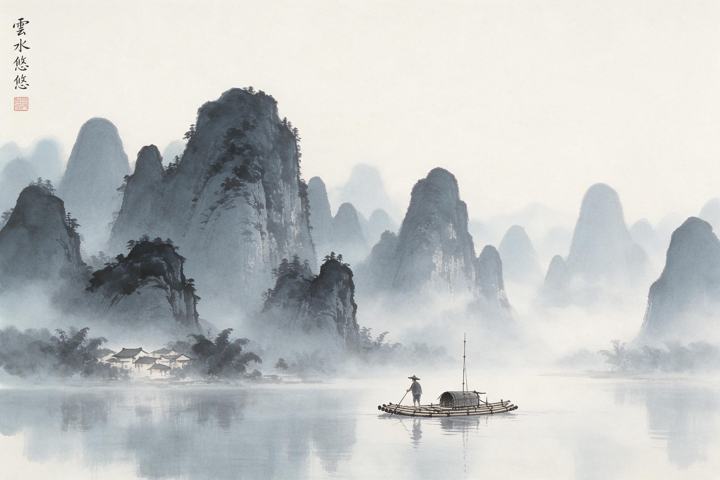 Chinese ink wash painting, misty limestone karst peaks rising from a calm river, a lone fisherman in a bamboo raft, fading gray-blue tonal washes, soft brushstrokes with visible dry-brush texture, empty sky with negative space, subtle paper grain, natural diffused light.