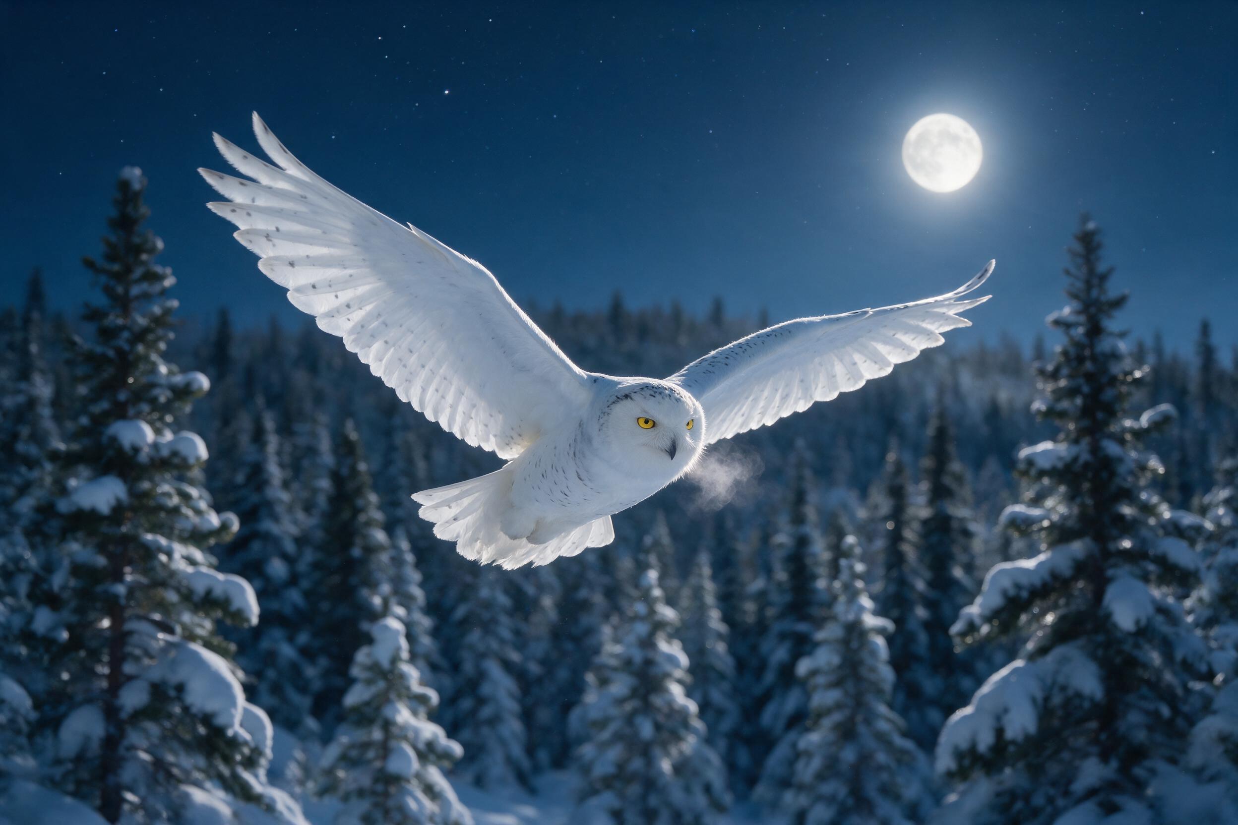 A snowy owl in mid-flight over a moonlit pine forest, wings fully spread, soft feathers catching silver moonlight, faint breath mist, muted blue and white palette, shot with a 300mm lens, background slightly blurred with gentle bokeh.