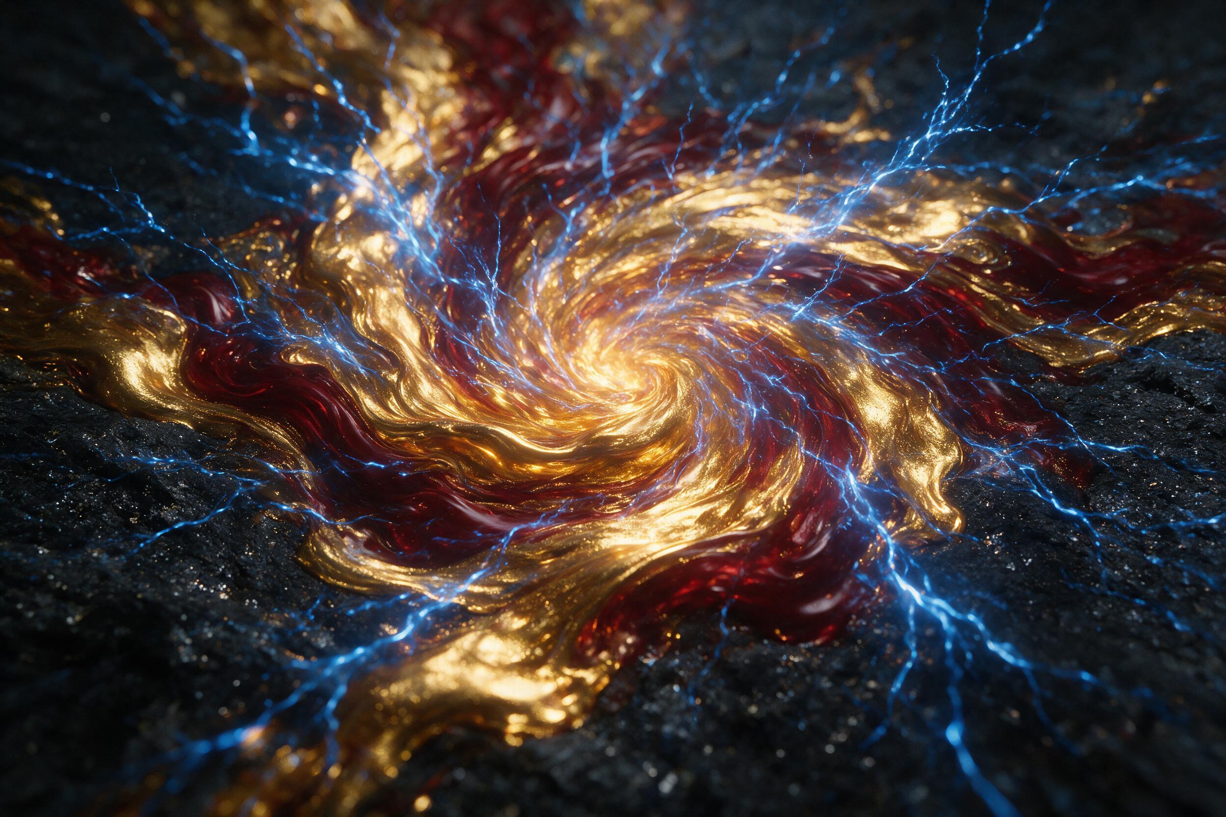 A swirling vortex of molten gold and deep crimson flows across a dark, matte surface. Thin, branching veins of electric blue crackle outward from the center, casting soft, warm reflections. Grainy texture, subtle motion blur, low-angle perspective.