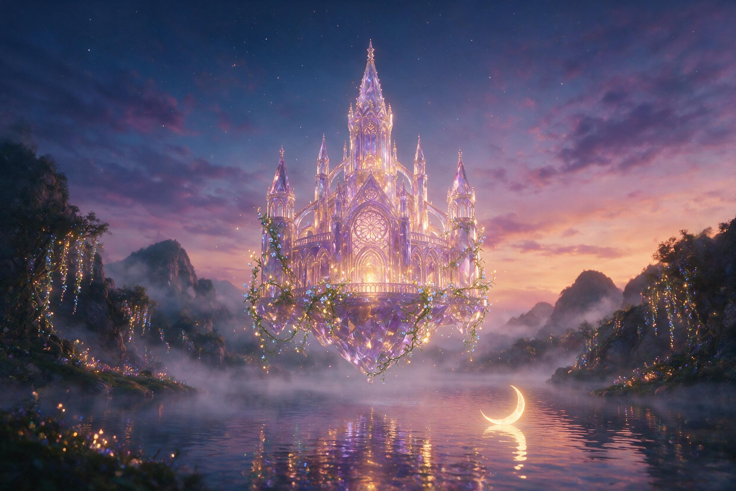A glowing crystal palace floating above a misty lake at twilight, with bioluminescent vines cascading from its towers and a single crescent moon reflected in the water, soft ethereal light, dreamy atmosphere, slight camera shake, warm violet and gold tones
