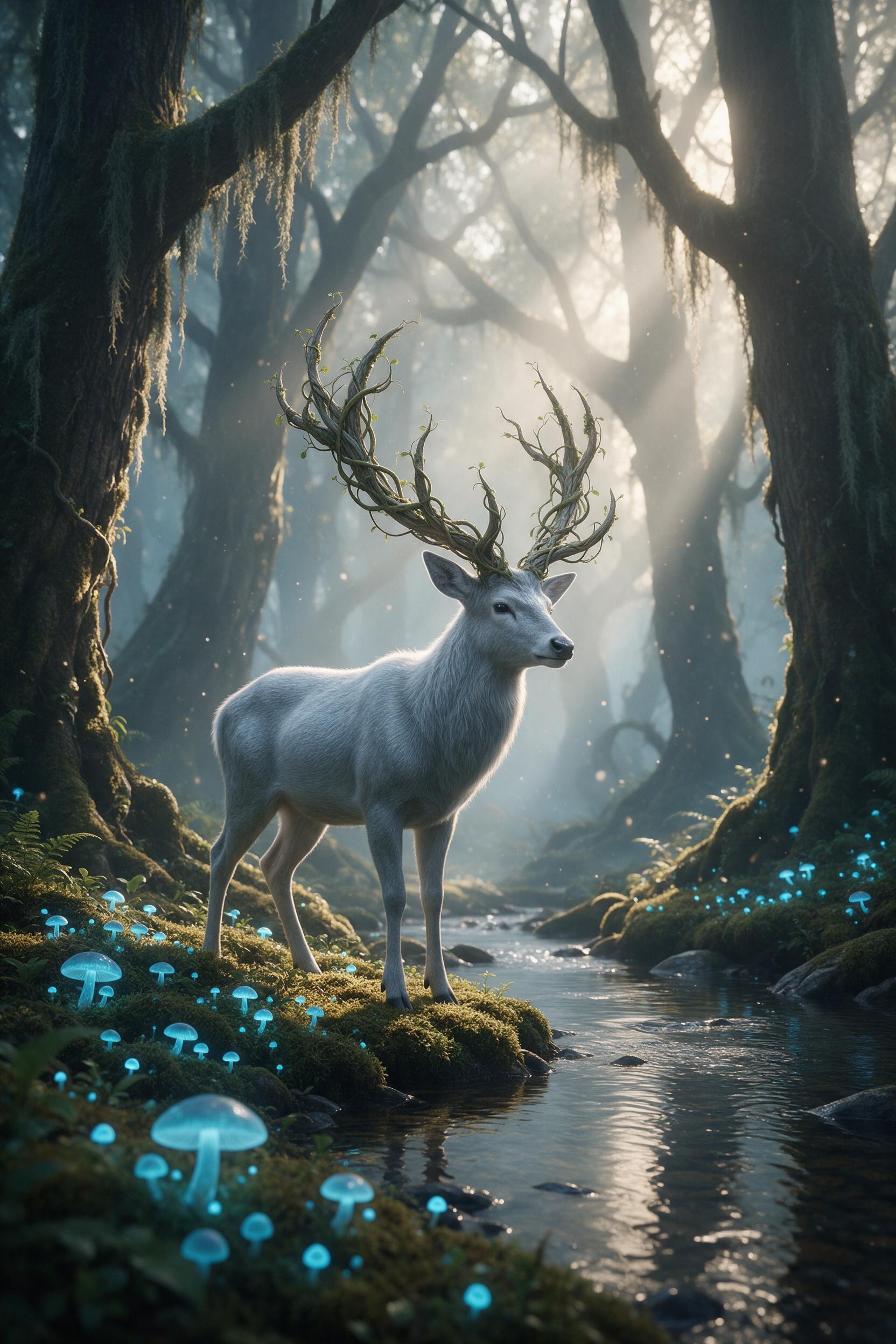 A misty ancient forest at dawn, glowing blue mushrooms carpet the mossy ground, a silver stag with antlers of living vines stands beside a crystal-clear stream, soft volumetric light filtering through the canopy, subtle floating particles, view from low angle with the stag in focus