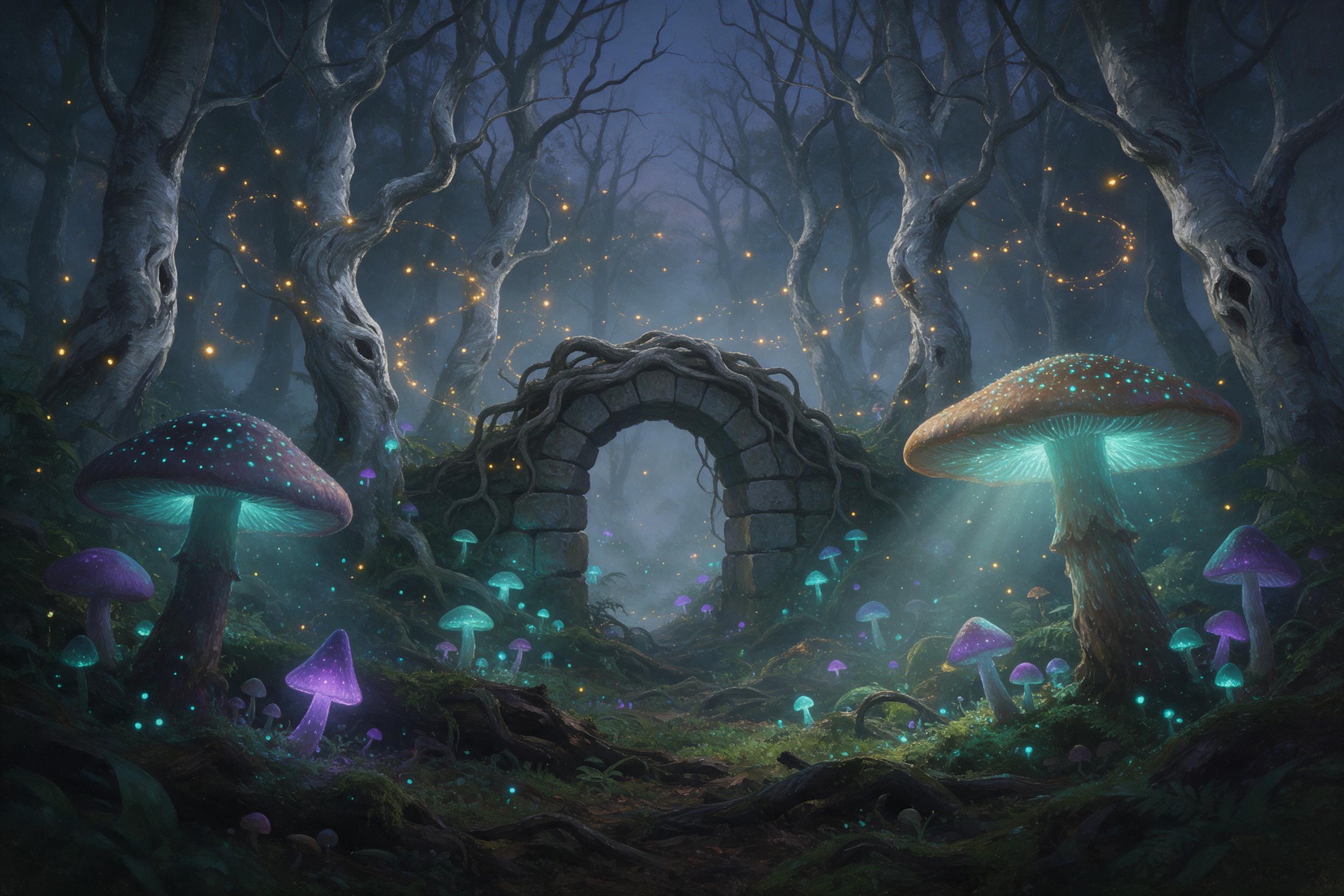 Ancient bioluminescent forest at dusk, massive glowing mushrooms casting teal and violet light on mossy ground, fireflies in swirling patterns, twisted trees with silver bark, fog weaving through trunks, a small stone archway half-buried in roots, soft volumetric light, painterly style