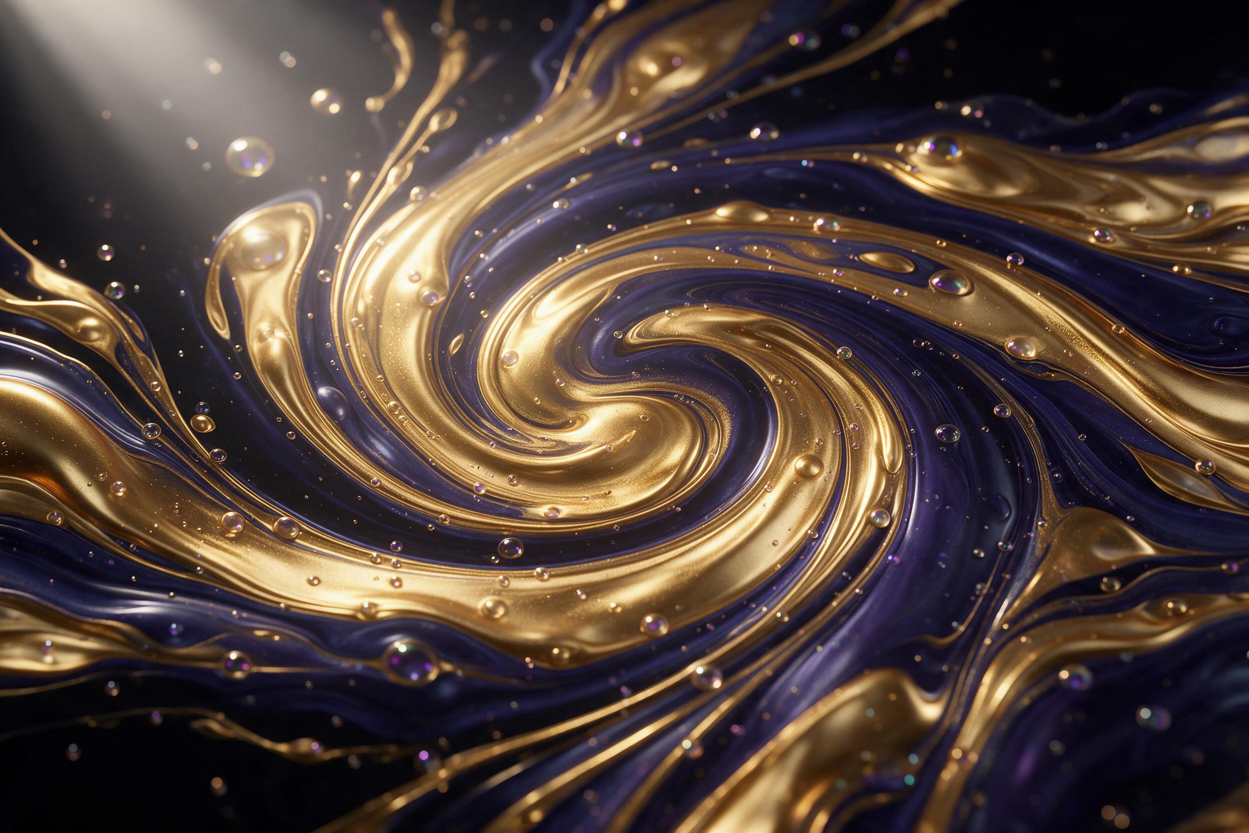 Fluid art of molten gold and deep indigo swirling in a dark void, with subtle iridescent bubbles catching a single beam of light from the upper left. Macroscopic view, sharp contrast between glossy metallic liquid and matte black background, gentle motion blur suggests slow movement.