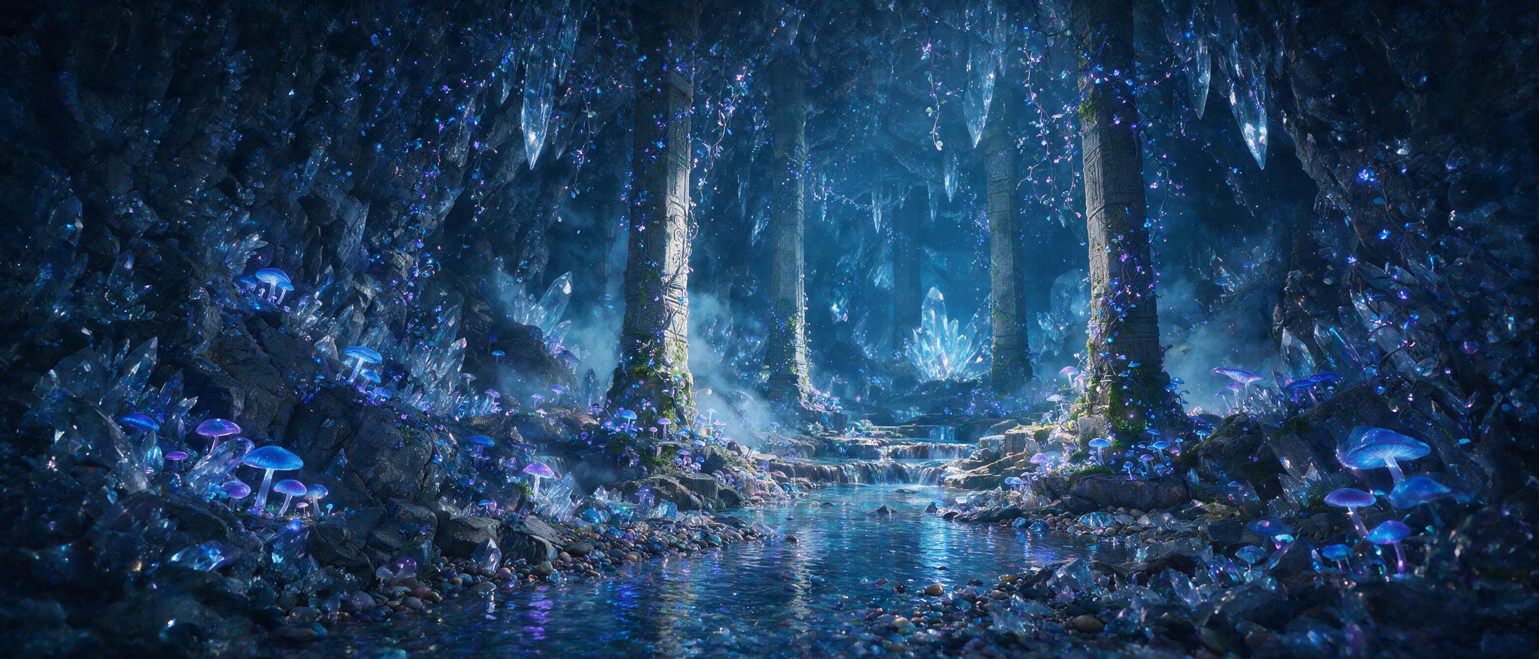 A luminous crystal cave deep underground, bioluminescent mushrooms and vines casting soft blue and violet light onto jagged quartz walls, a gentle stream reflecting the glow, mist curling around ancient stone pillars, magical atmosphere with subtle dust motes floating in the air, wide-angle perspect