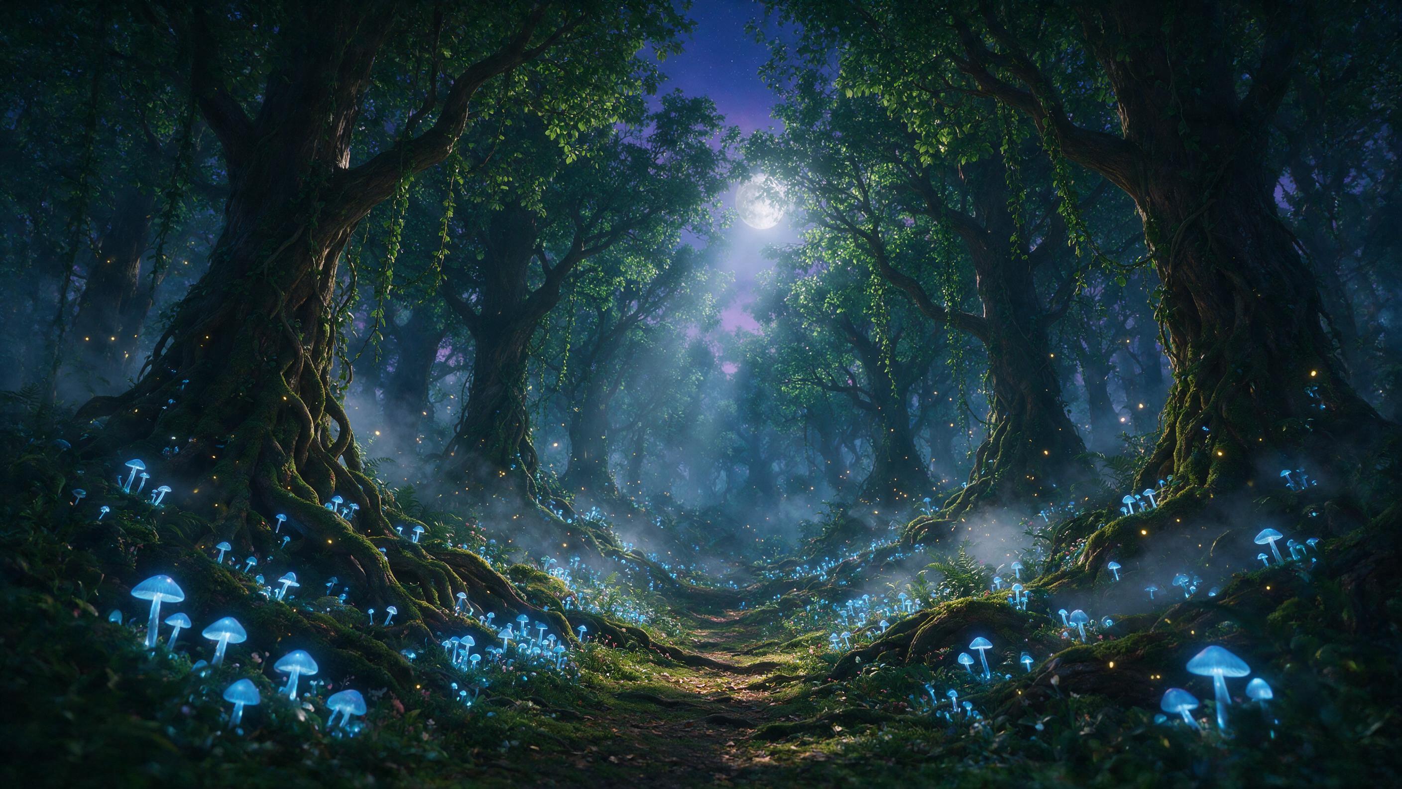 A mystical forest at twilight, glowing blue mushrooms and fireflies illuminate the path, ancient trees with twisted roots, soft mist swirling, moonbeams breaking through canopy, ethereal atmosphere, cinematic depth of field, natural lighting