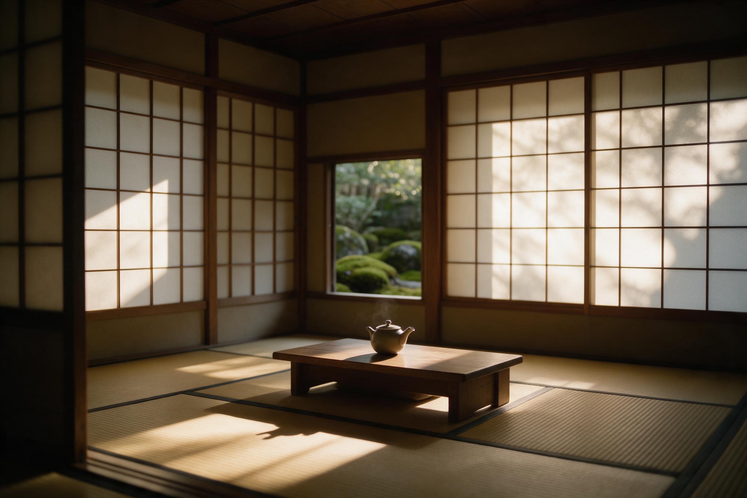 A quiet minimalist interior of a traditional Japanese tea house, warm afternoon sunlight filtering through shoji screens, casting soft shadows on tatami mats, a single ceramic teapot on a low wooden table, subtle steam rising, a small window framing a mossy garden, gentle atmosphere, shallow depth o