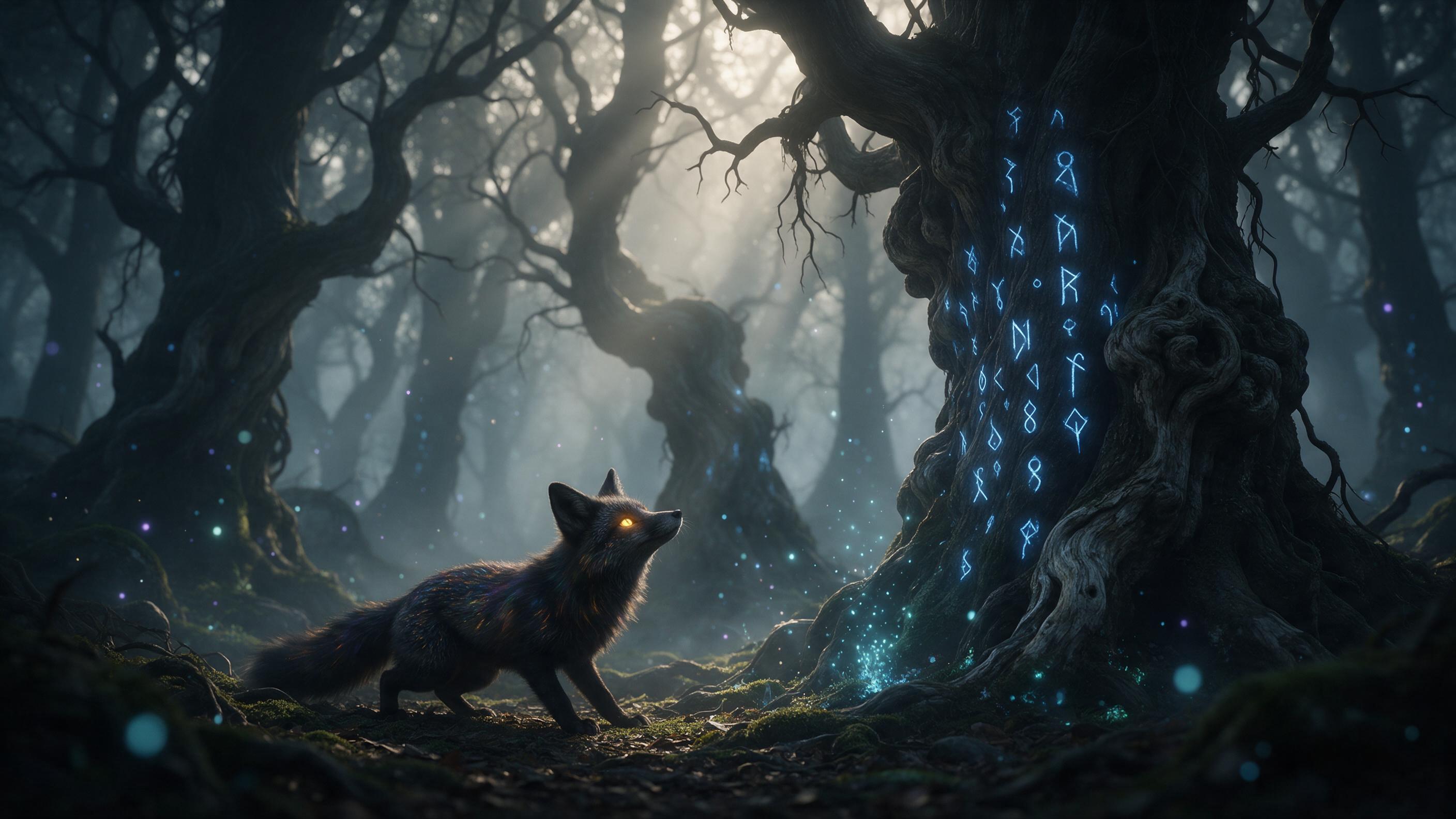 A misty ancient forest at dawn, towering twisted trees with glowing blue runes carved into bark. A small fox with iridescent fur and glowing eyes stares curiously. Soft volumetric light rays pierce through fog, scattered bioluminescent spores float. Ethereal, cinematic composition with a shallow dep