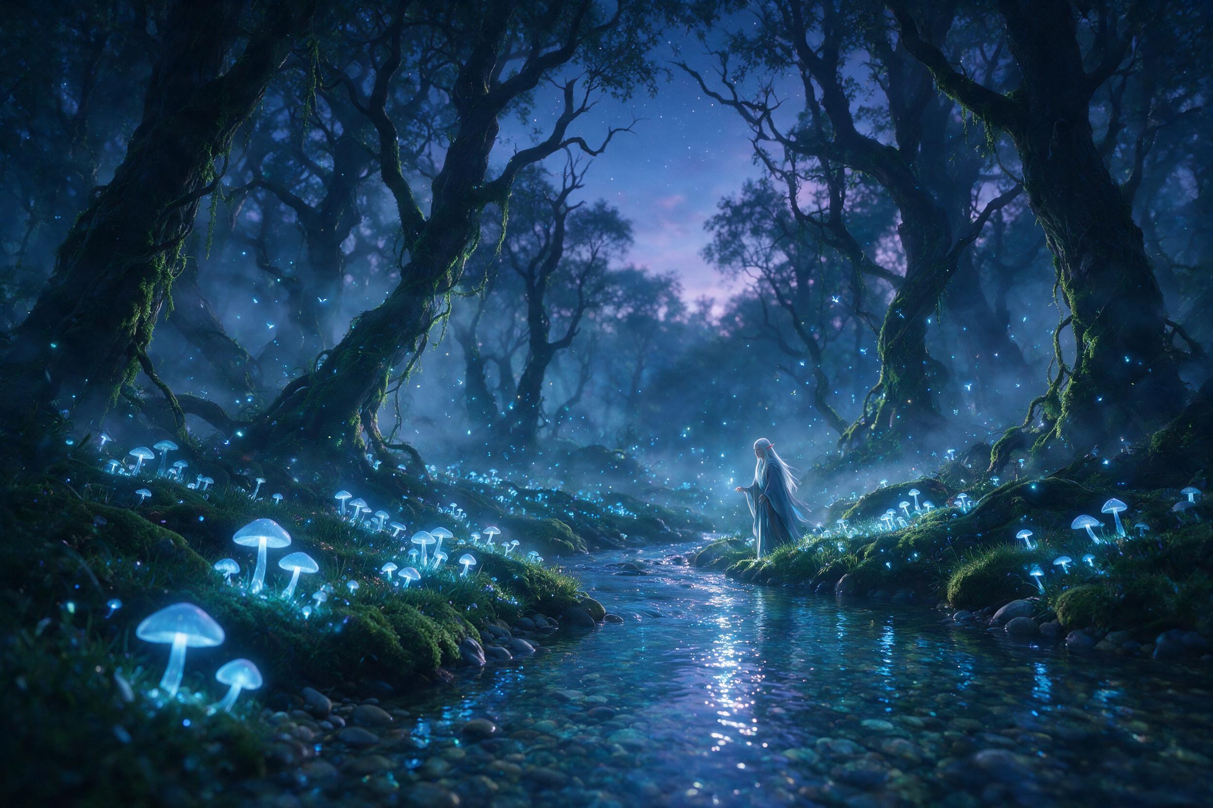 A luminous forest at twilight, glowing mushrooms and floating fireflies casting soft blue light, a silver-haired elf in flowing robes stands beside a crystal-clear stream, mist weaving through ancient trees, soft bokeh in background, shallow depth of field, natural lighting with subtle fantasy glow