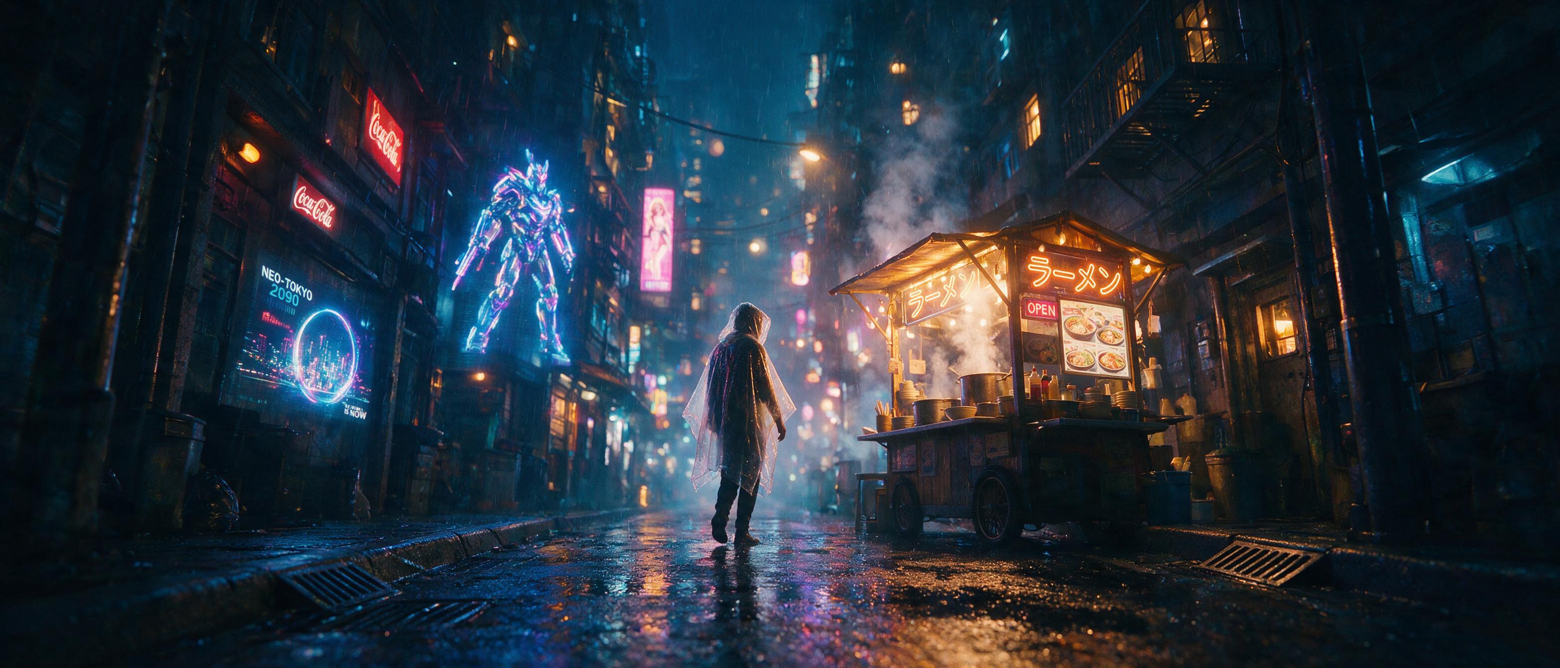 Neon-lit cyberpunk alley at midnight, rain-slicked pavement reflecting holographic advertisements, silhouetted figure in a translucent poncho walking toward a glowing noodle stand, steam rising from the food cart, cinematic low-angle shot, volumetric fog and bokeh lights in the background, subtle ch