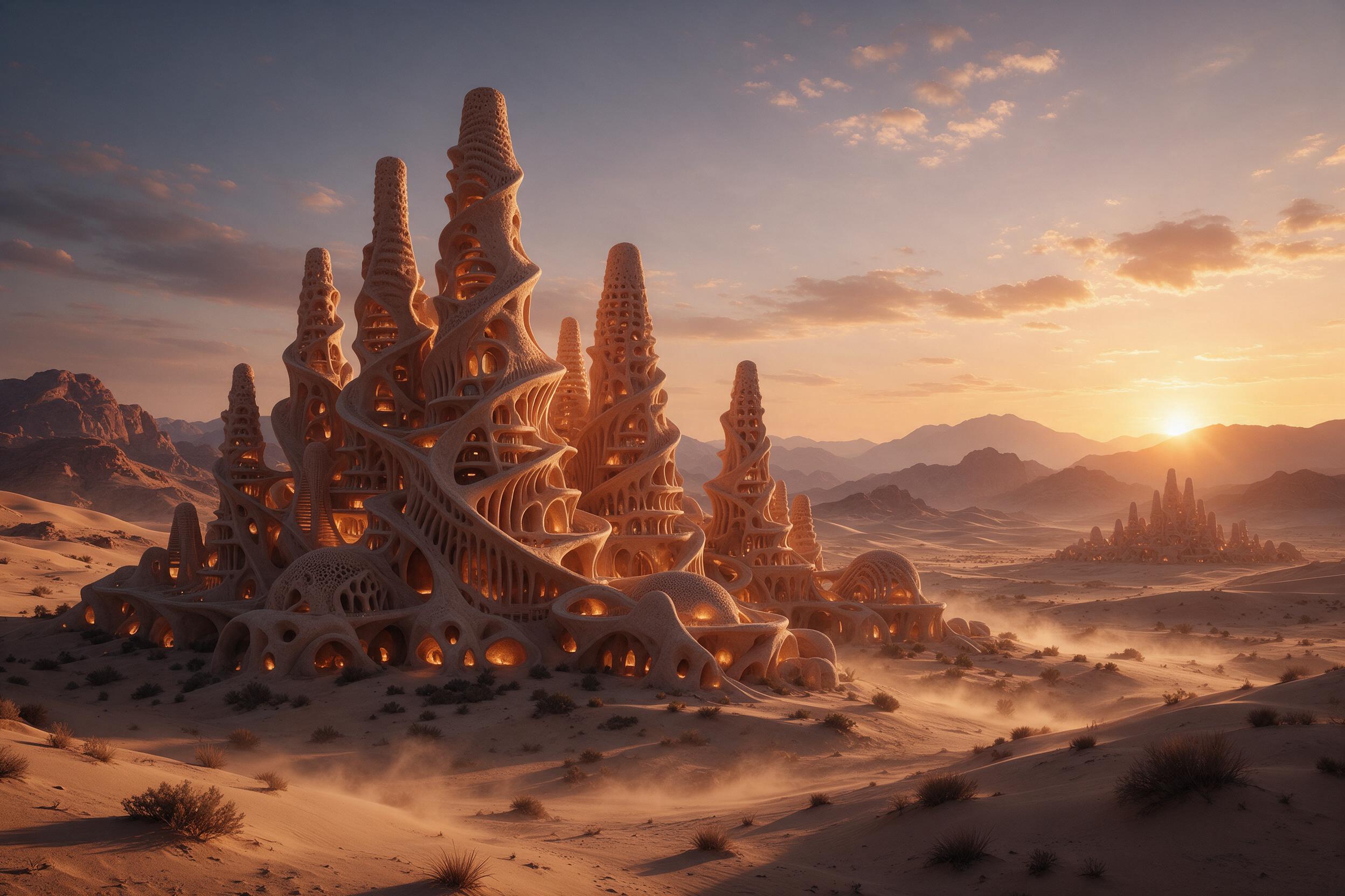 A sweeping view of undulating coral-like towers in a futuristic desert city at dusk; curved, ribbed facades glow with warm amber light; fine sand swirls low across the ground, catching the last sun; aerial perspective emphasizes organic spiral patterns and deep shadows between structures; clear atmo