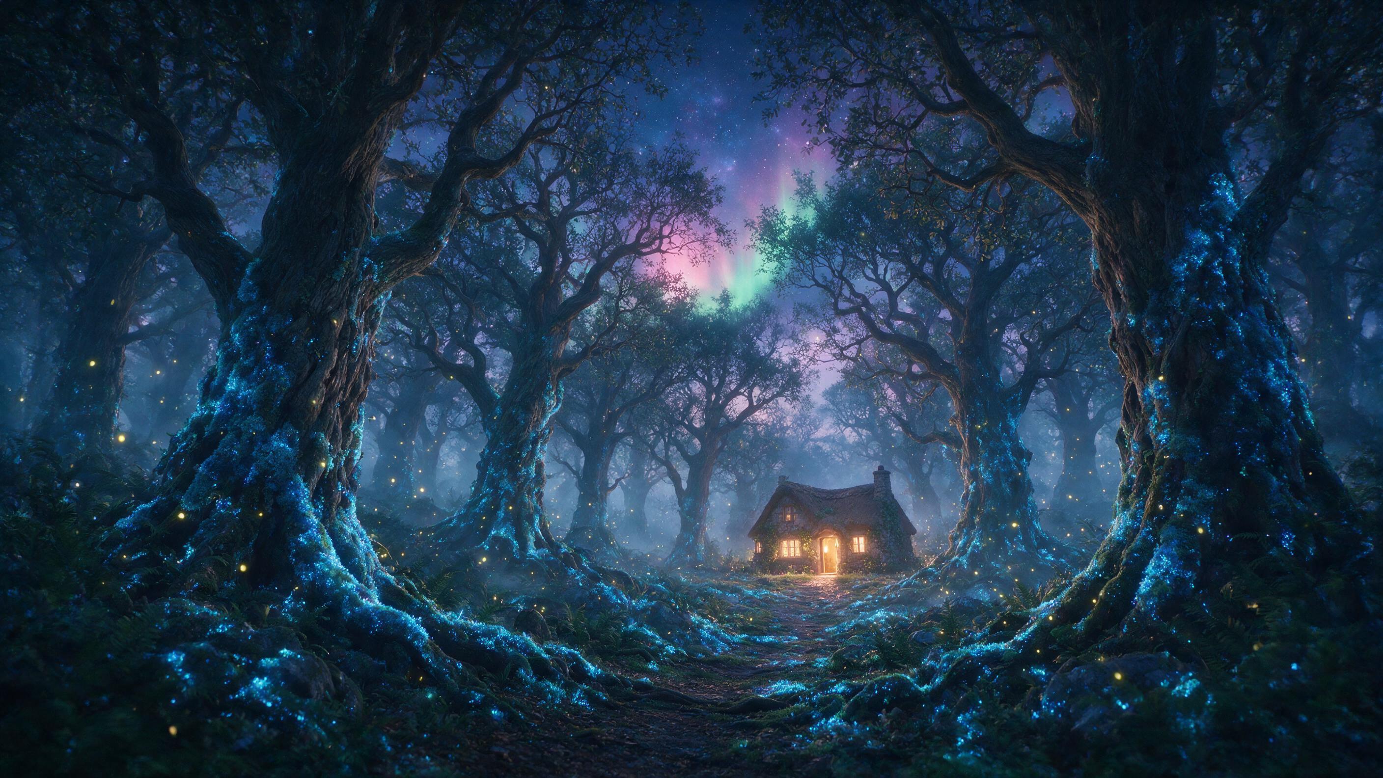 A luminous forest at twilight, with ancient trees wrapped in glowing blue moss, soft fireflies drifting through mist, a faint aurora peeking through canopy, cinematic composition, ethereal atmosphere, warm amber light from a distant cottage window, subtle lens flare, dreamlike mood.