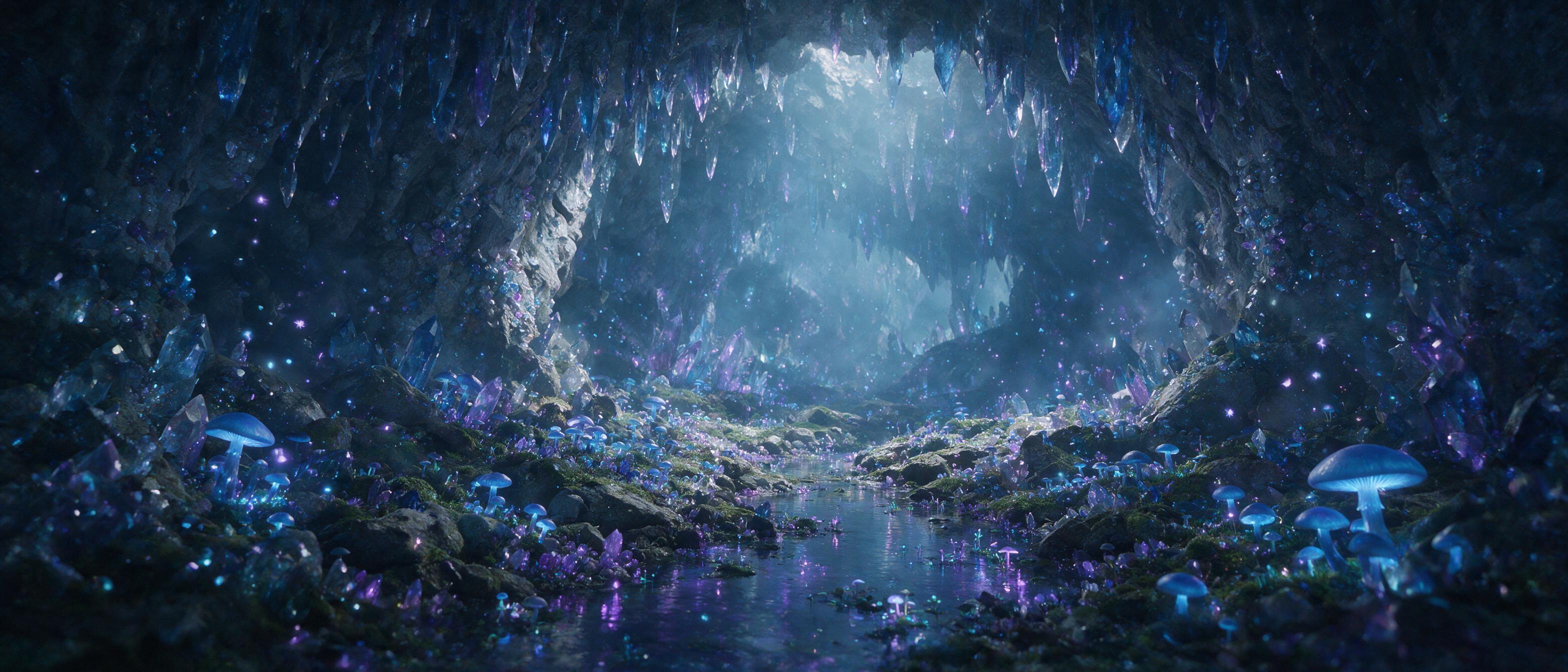 A luminous crystal cave deep underground, glowing blue mushrooms and floating bioluminescent spores, a small stream reflecting purple light, still water surface, misty atmosphere, soft diffused light from above, ethereal mood, cinematic composition.