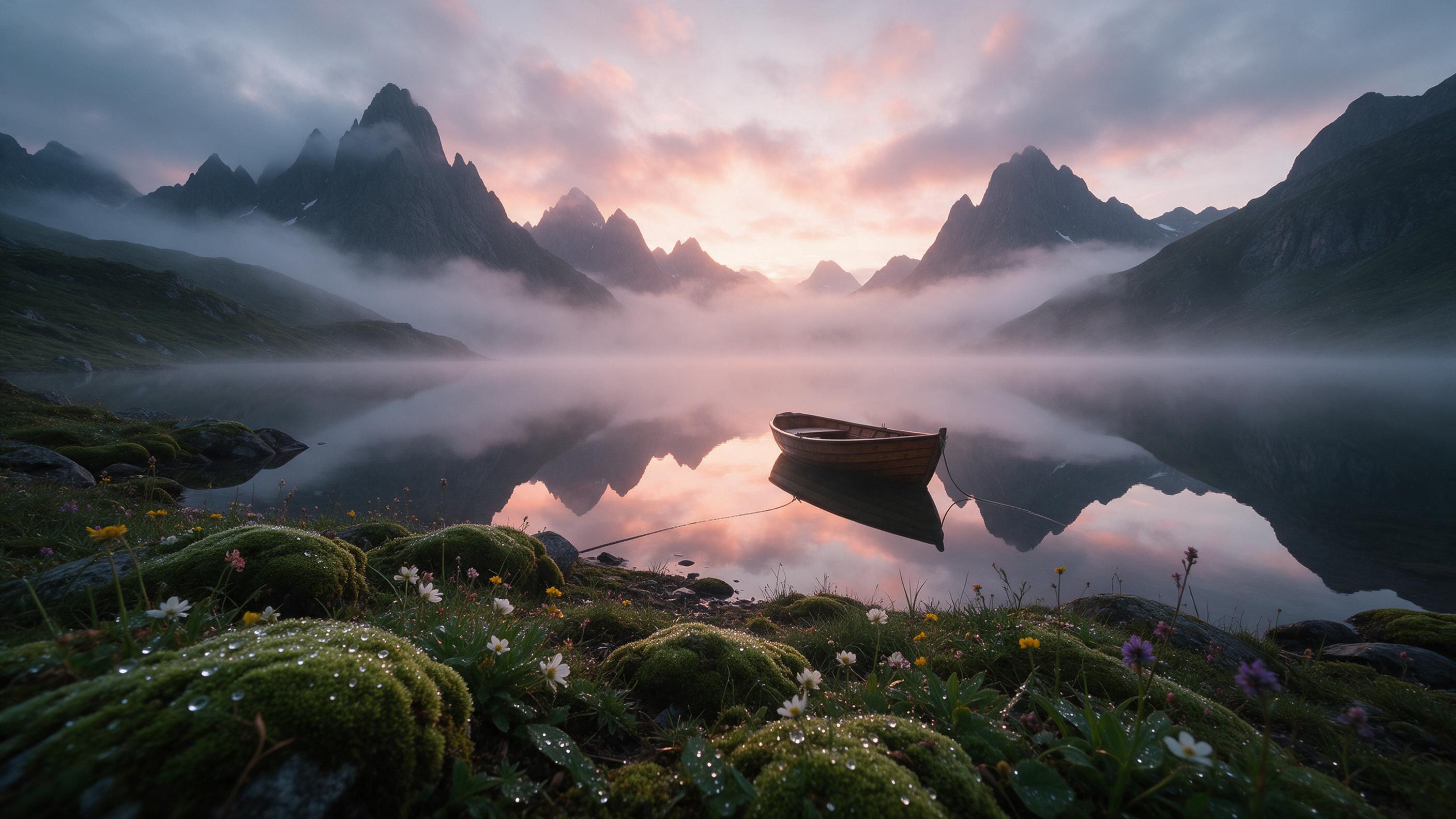A misty alpine lake at dawn, surrounded by jagged peaks reflected in perfectly still water; soft pink and orange light breaks through low clouds, creating a warm glow; a small wooden rowboat floats near the shore, its rope trailing into the glassy surface; foreground moss and wildflowers are dew-cov
