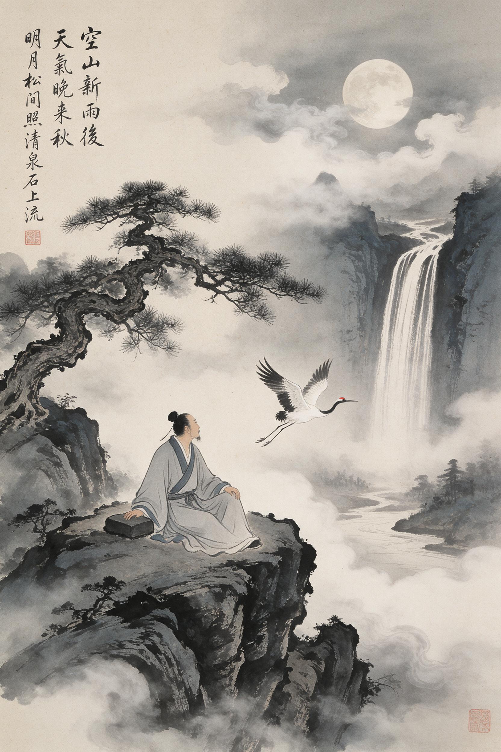 A solitary scholar in flowing hanfu sits beneath a gnarled pine on a misty cliff, gazing at a distant waterfall cascading into a moonlit valley. Ink wash painting style, wet-on-wet brushstrokes, subtle paper texture, soft gray and indigo palette, a crane gliding through the drifting fog, calligraphy