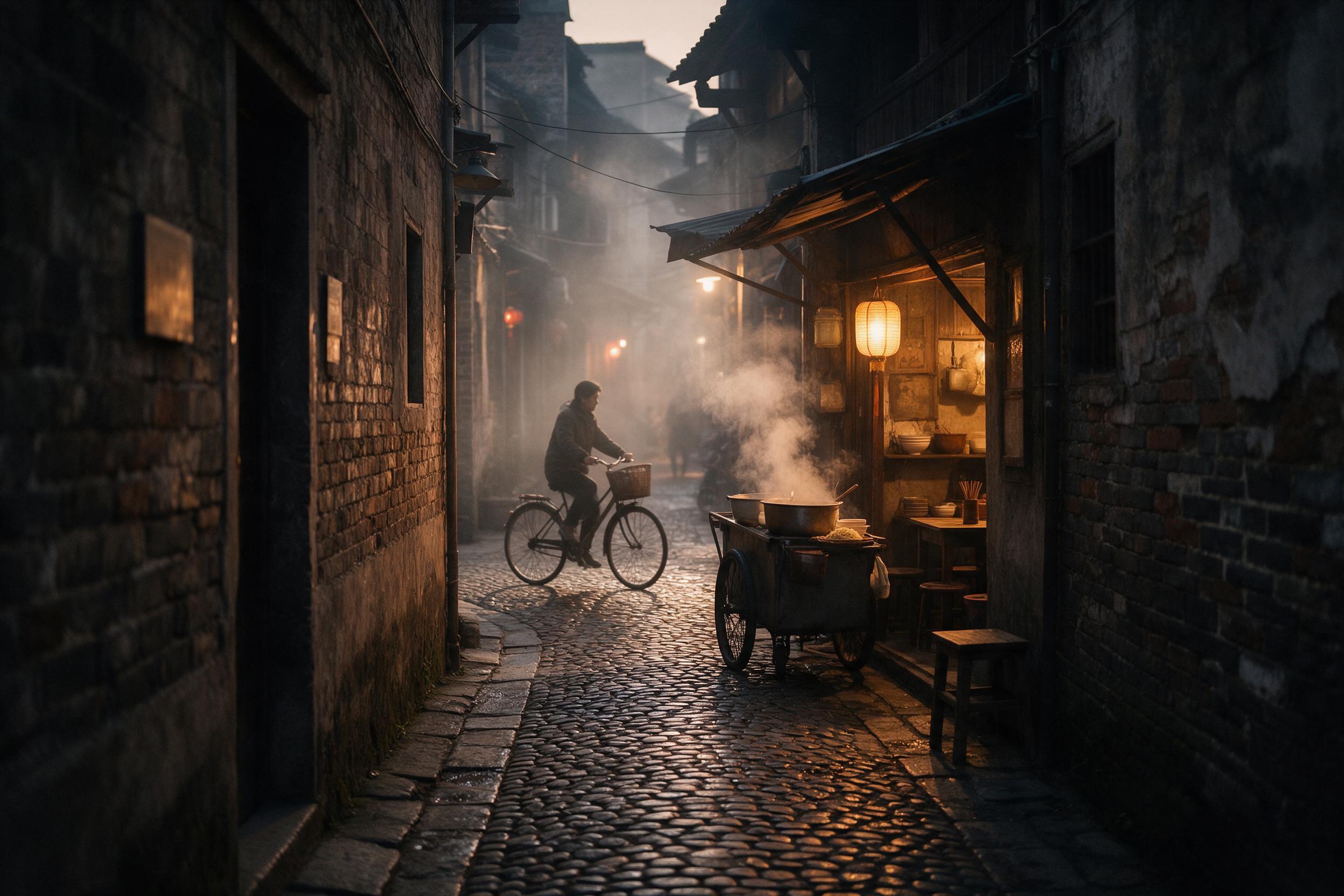 A narrow old-town alley at dusk, warm lantern light spilling from a rustic eatery, weathered brick walls, steam rising from a noodle vendor cart, a lone cyclist with basket gliding over cobblestones, soft haze, gentle reflection on wet pavement, cinematic side lighting