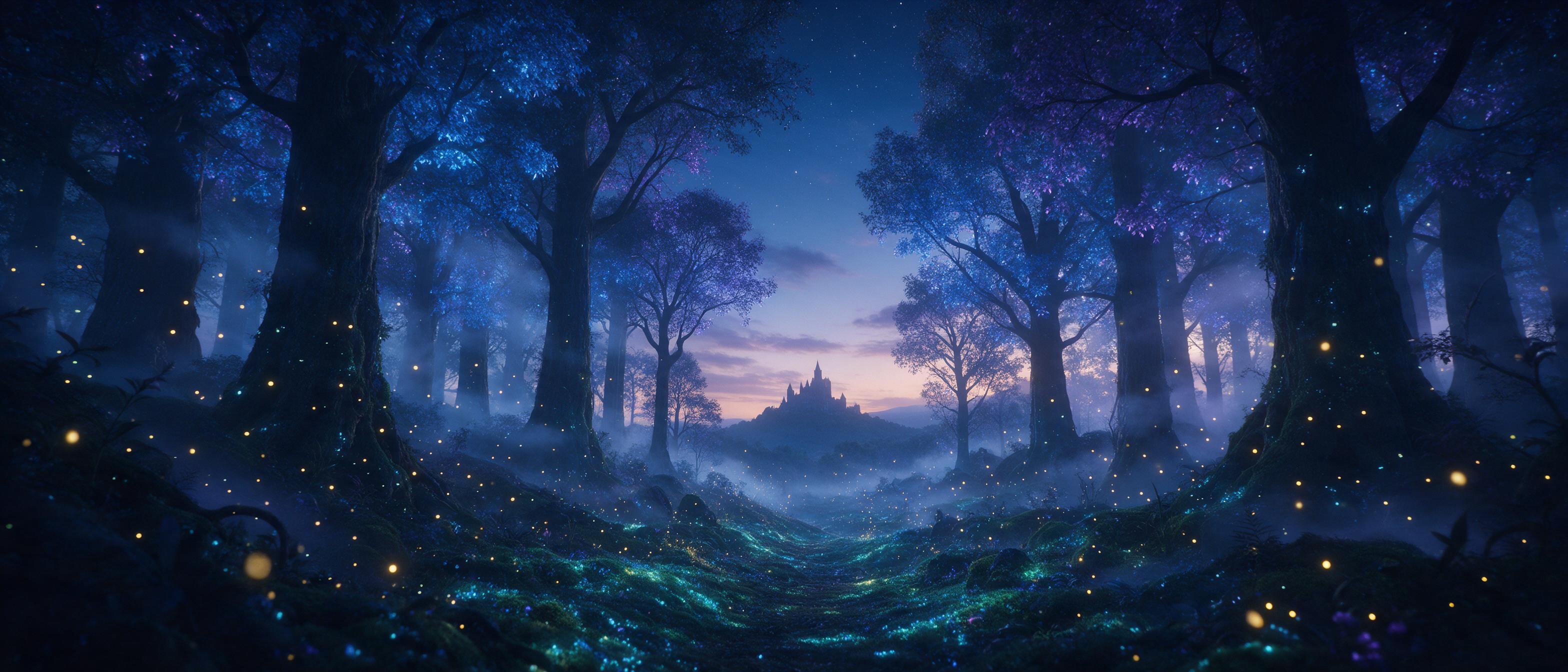 A mystical bioluminescent forest at dusk, towering ancient trees with glowing blue and violet leaves, a winding path covered in luminous moss, distant castle silhouette on a hill, ethereal mist weaving between trunks, soft golden fireflies floating, twilight sky with emerging stars, cinematic wide-a
