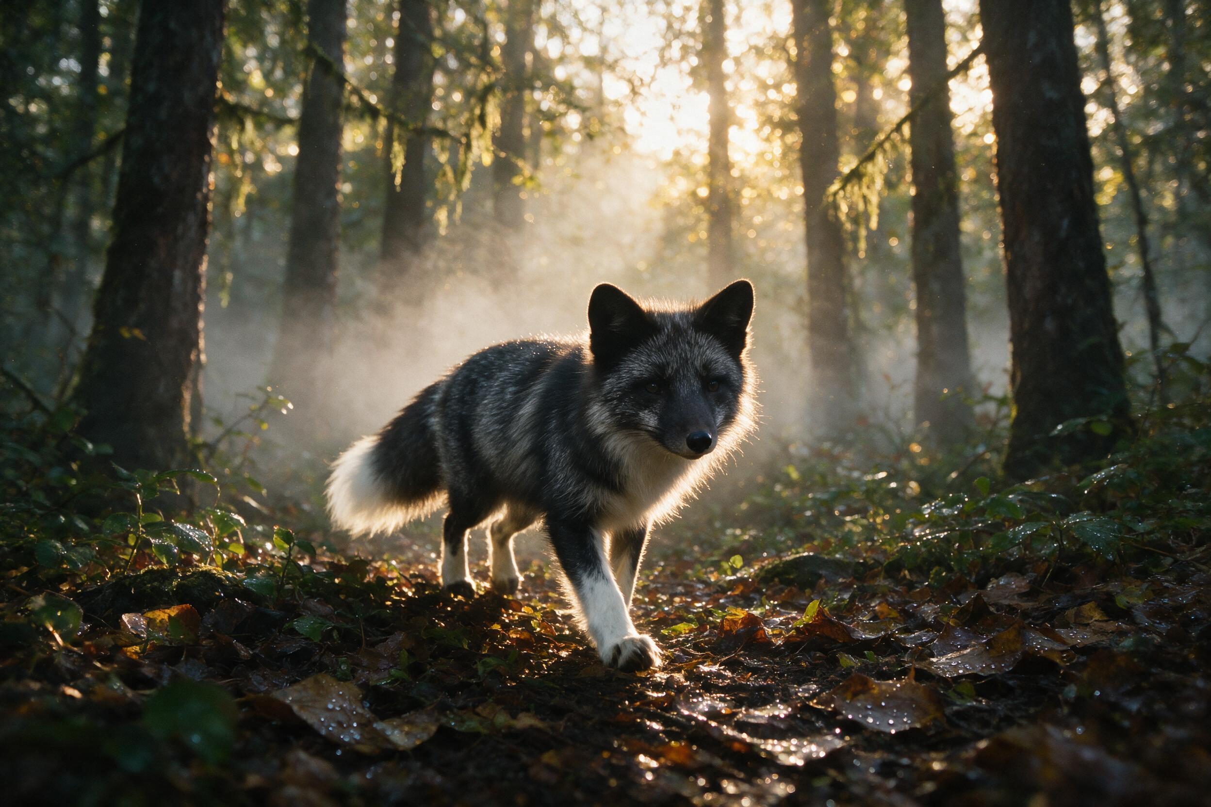 A silver fox emerging from a misty forest at dawn, its fur catching golden sunlight, wet leaves on the ground, shallow depth of field, natural backlighting, subtle grain, slight camera shake