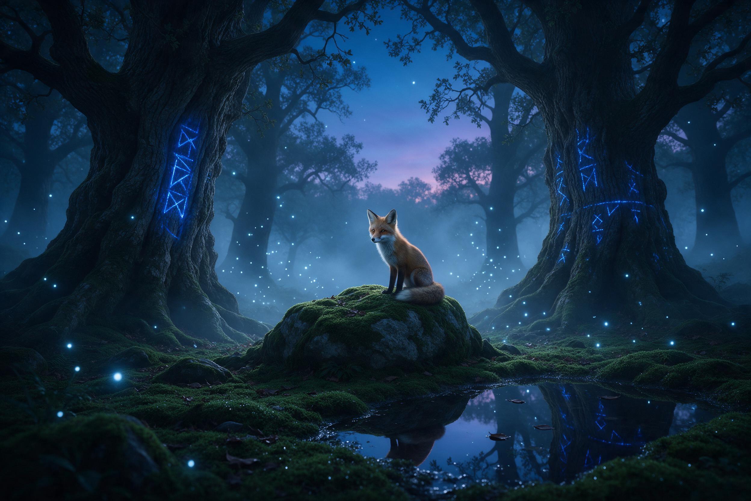 A misty forest clearing at twilight, ancient oak trees with glowing blue runes carved into bark, a lone fox with silver-furred ears sitting on a mossy stone, fireflies drifting in spiraling patterns, soft ethereal light filtering through fog, deep emerald and sapphire palette, reflective puddle mirr