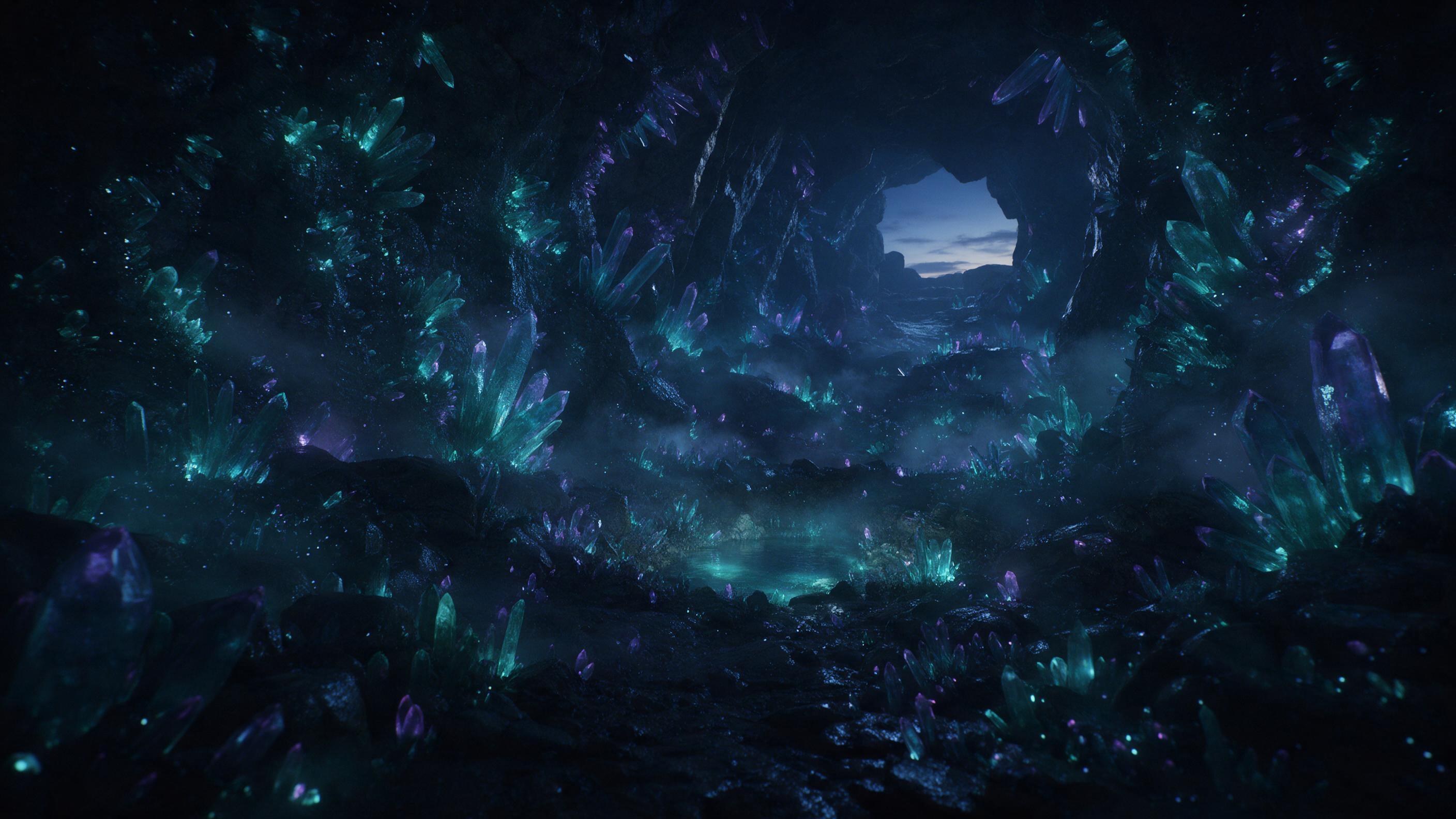 A bioluminescent crystal cavern beneath a twilight surface, glowing teal and violet crystals sprouting from wet rock walls, a small luminous pool reflecting subtle light, drifting mist catching the glow, deep shadows in crevices, natural light filtering from a distant opening, cinematic composition 