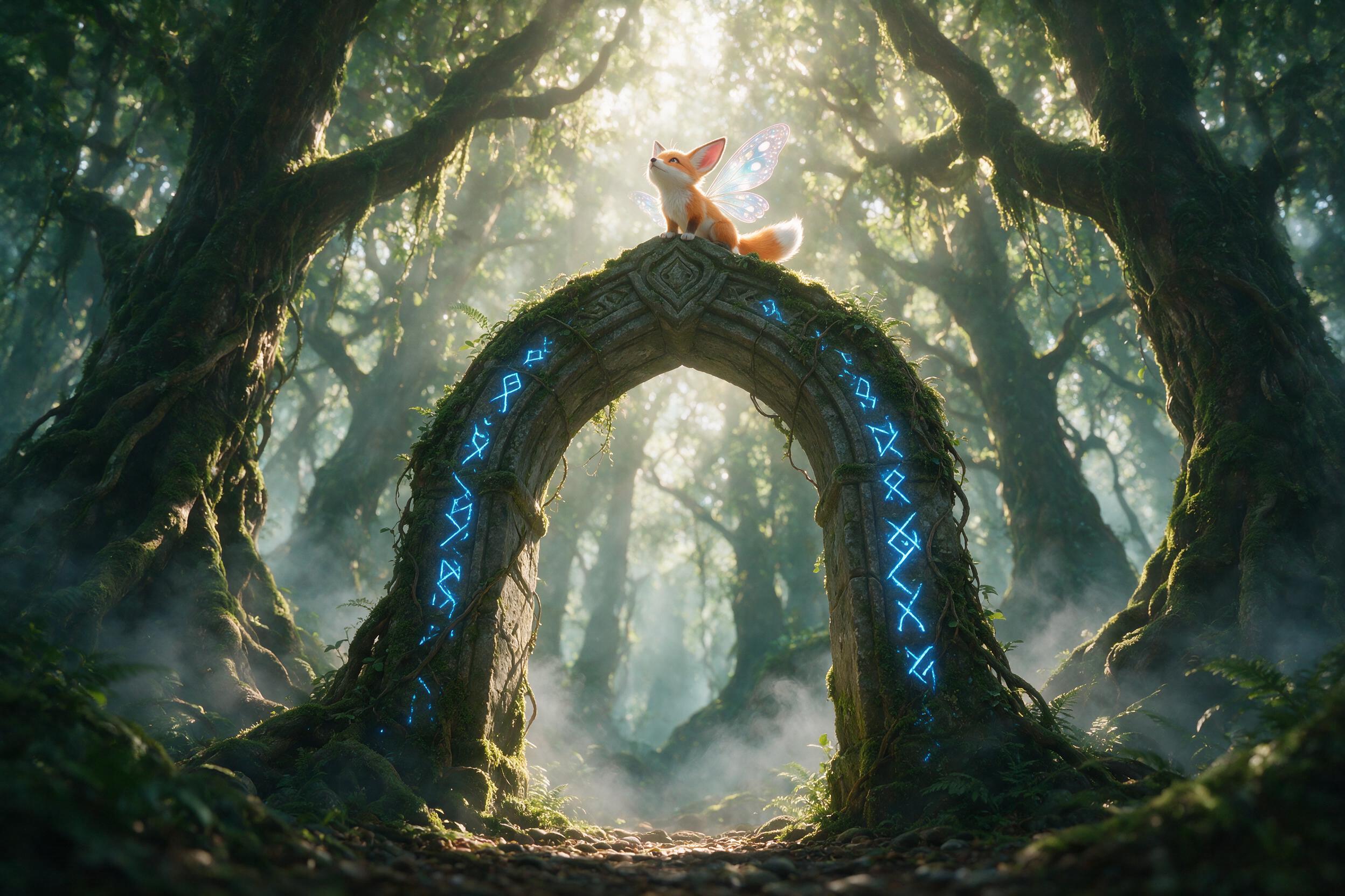 A moss-covered stone archway in an ancient forest, glowing blue runes along the edges, soft mist curling around roots, shafts of golden sunlight piercing through canopy, a tiny winged fox perched on the keystone, camera at low angle, shallow depth of field, ethereal atmosphere
