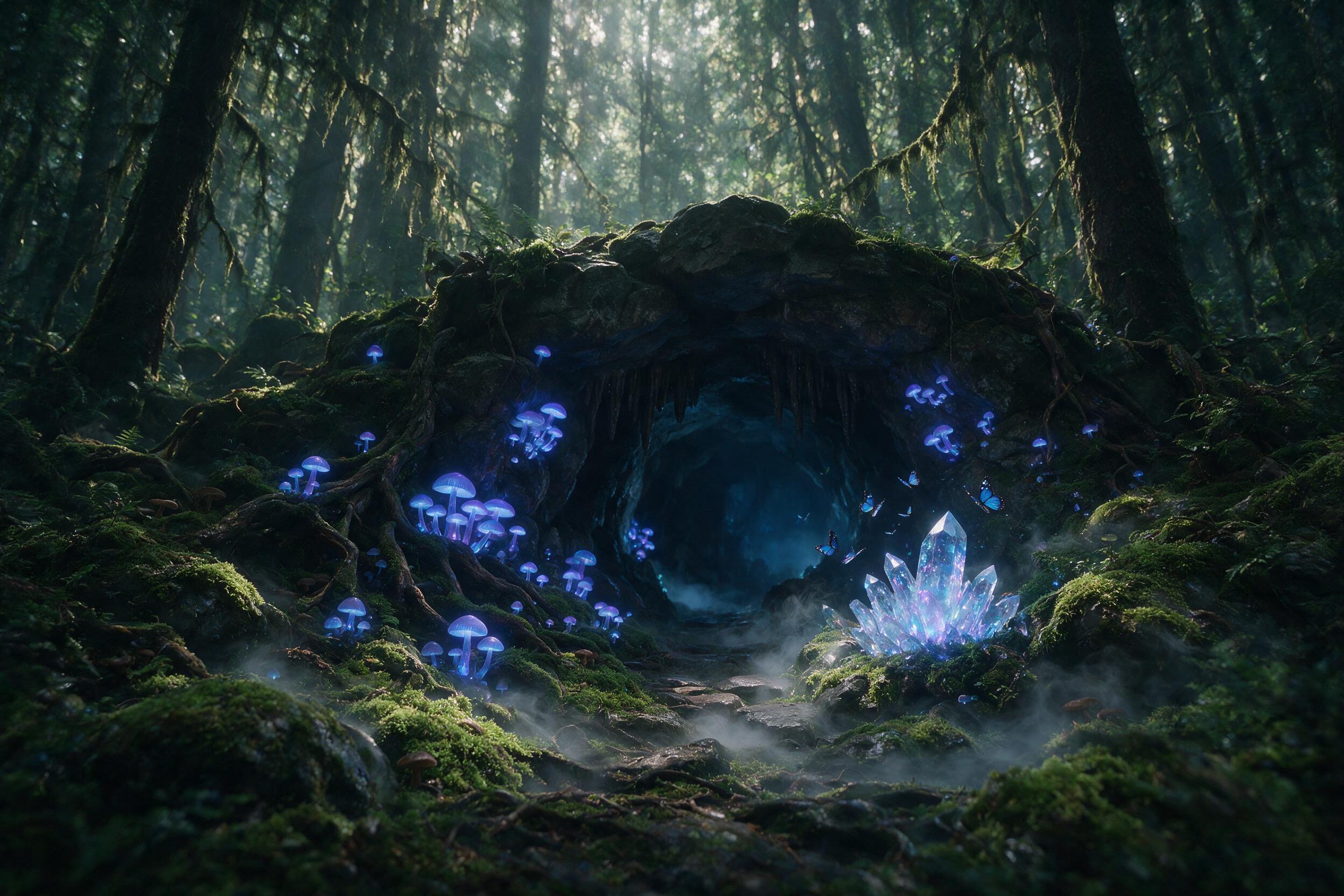 A luminous cave opening in a mossy forest floor, with bioluminescent mushrooms casting soft blue and purple light on the roots, tiny butterflies fluttering near a glowing crystal at the entrance, mist curling around wet rocks, cinematic composition with a low angle, natural cave lighting and shadows