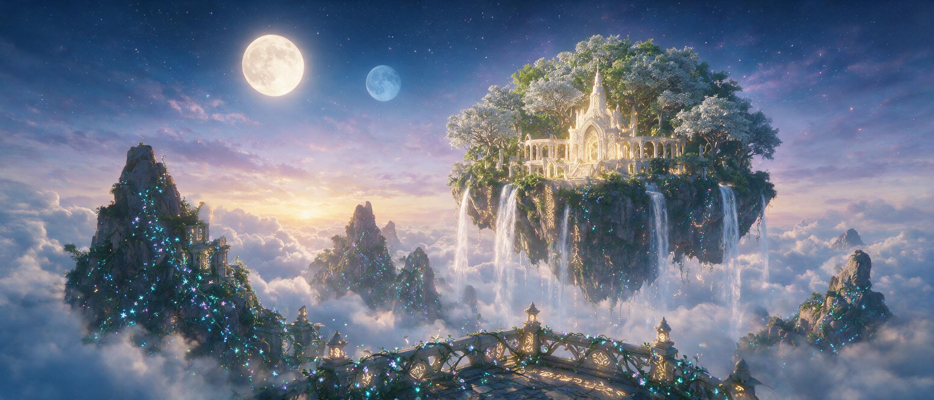 A luminous floating island with cascading waterfalls disappearing into mist, surrounded by ancient glowing runes and bioluminescent vines, twilight sky with two moons, soft magical light, ethereal atmosphere, cinematic composition