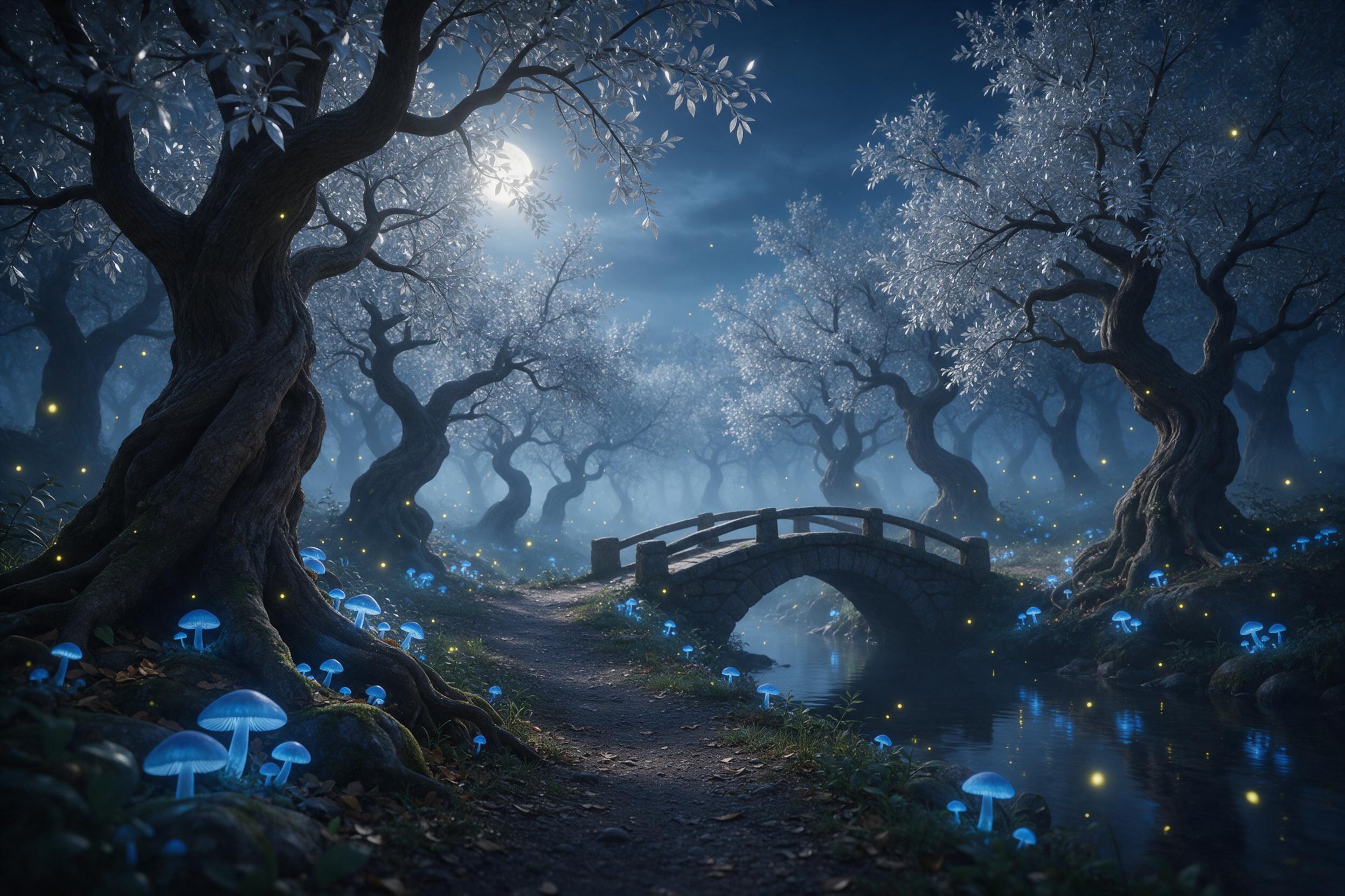 A moonlit enchanted forest path, glowing blue mushrooms, floating fireflies, misty air, ancient twisted trees with silver leaves, a small stone bridge over a reflective creek, soft ambience, dreamy atmosphere, cinematic composition with depth