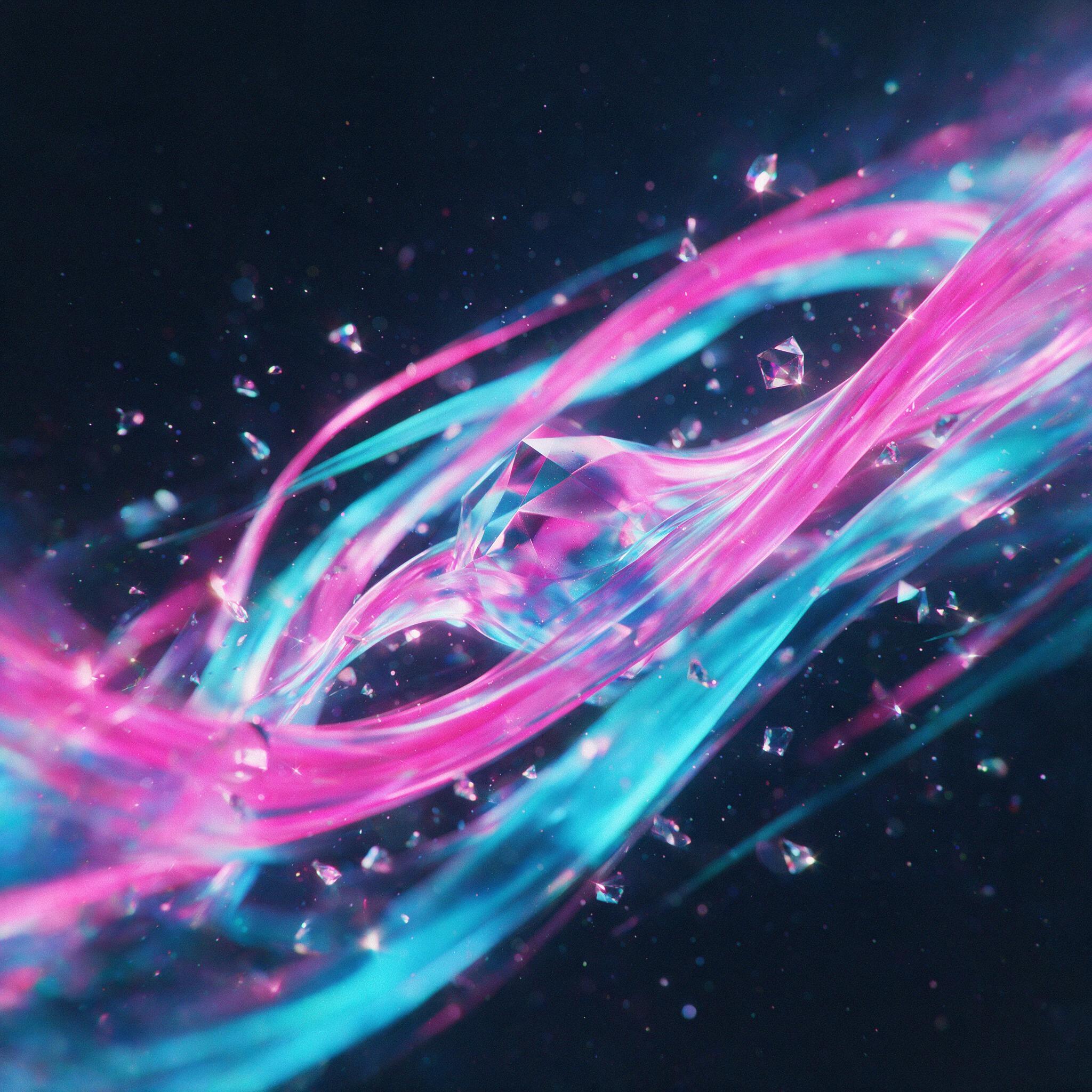 Swirling ribbons of neon magenta and cyan twist through a dark void, fragmented glass shards catch soft ambient light, subtle motion blur and grain, geometric forms dissolve into liquid, shallow depth of field, minimalist composition