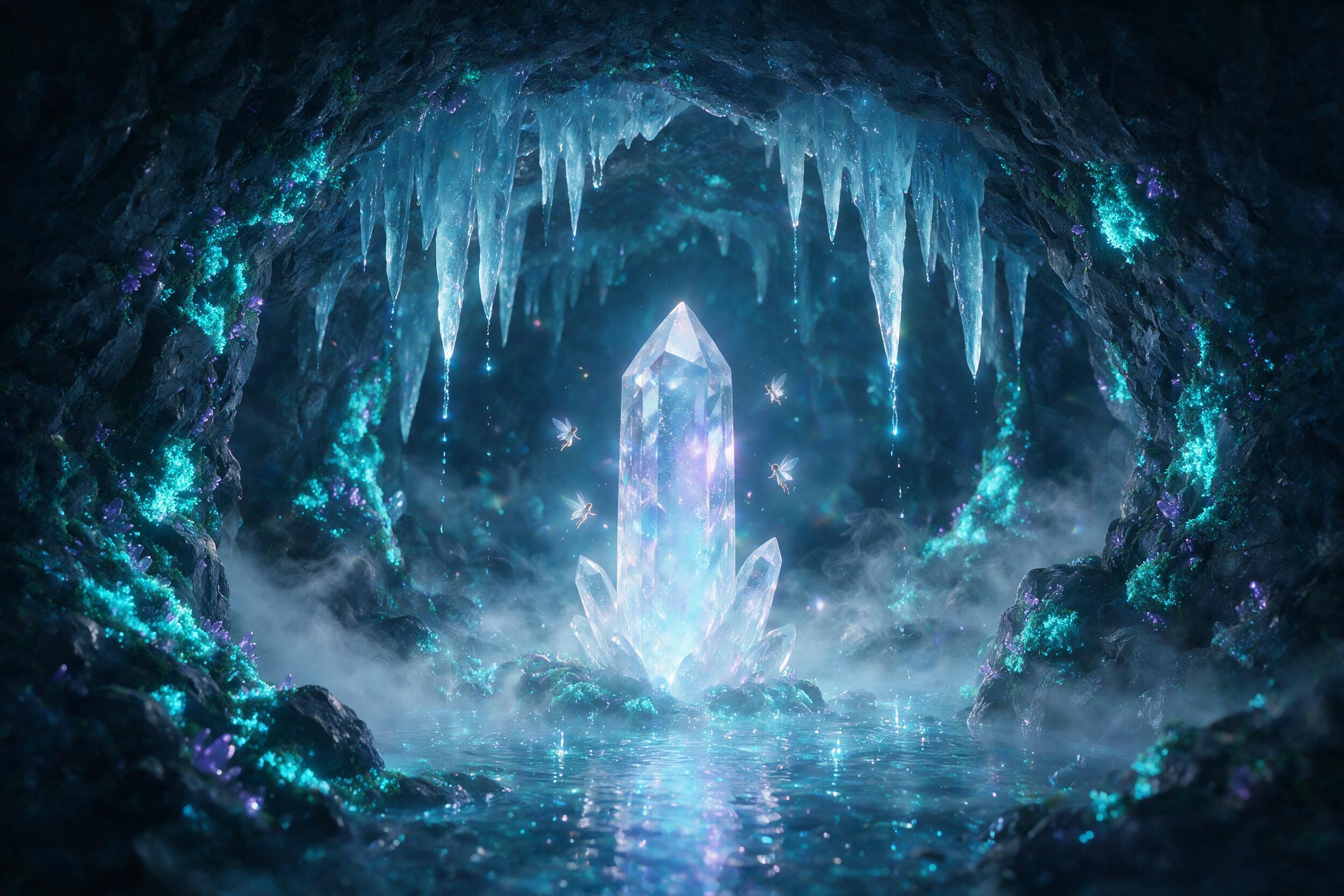 A glowing crystal cave deep underground, bioluminescent moss coating the walls, stalactites dripping with luminous blue liquid, small winged fairies fluttering around a central quartz pillar, soft ethereal light, misty atmosphere, subtle lens flare, serene and magical.