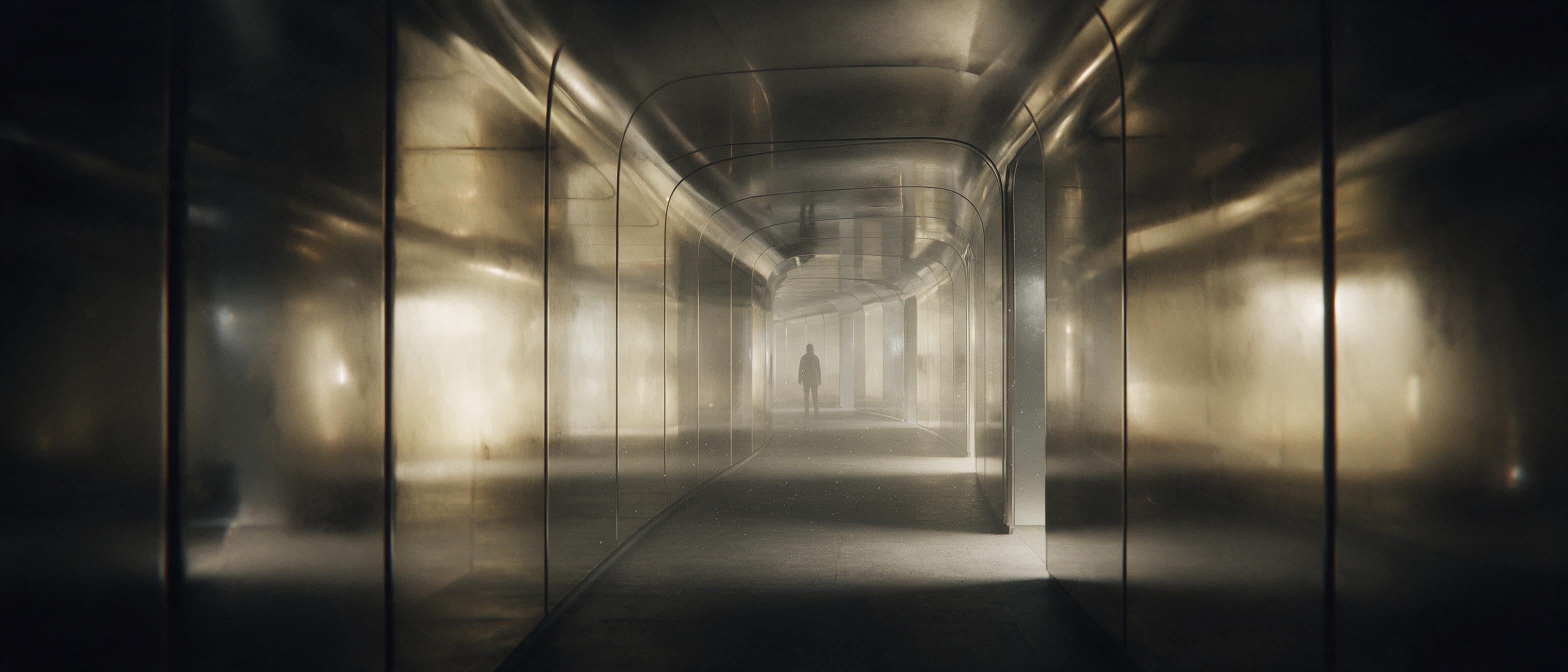 A solitary figure stands at the end of a curved, mirrored corridor, walls reflecting soft golden light, deep shadows pooling, dust particles drifting, a subtle haze, cinematic composition, natural perspective, minimalist and contemplative mood.