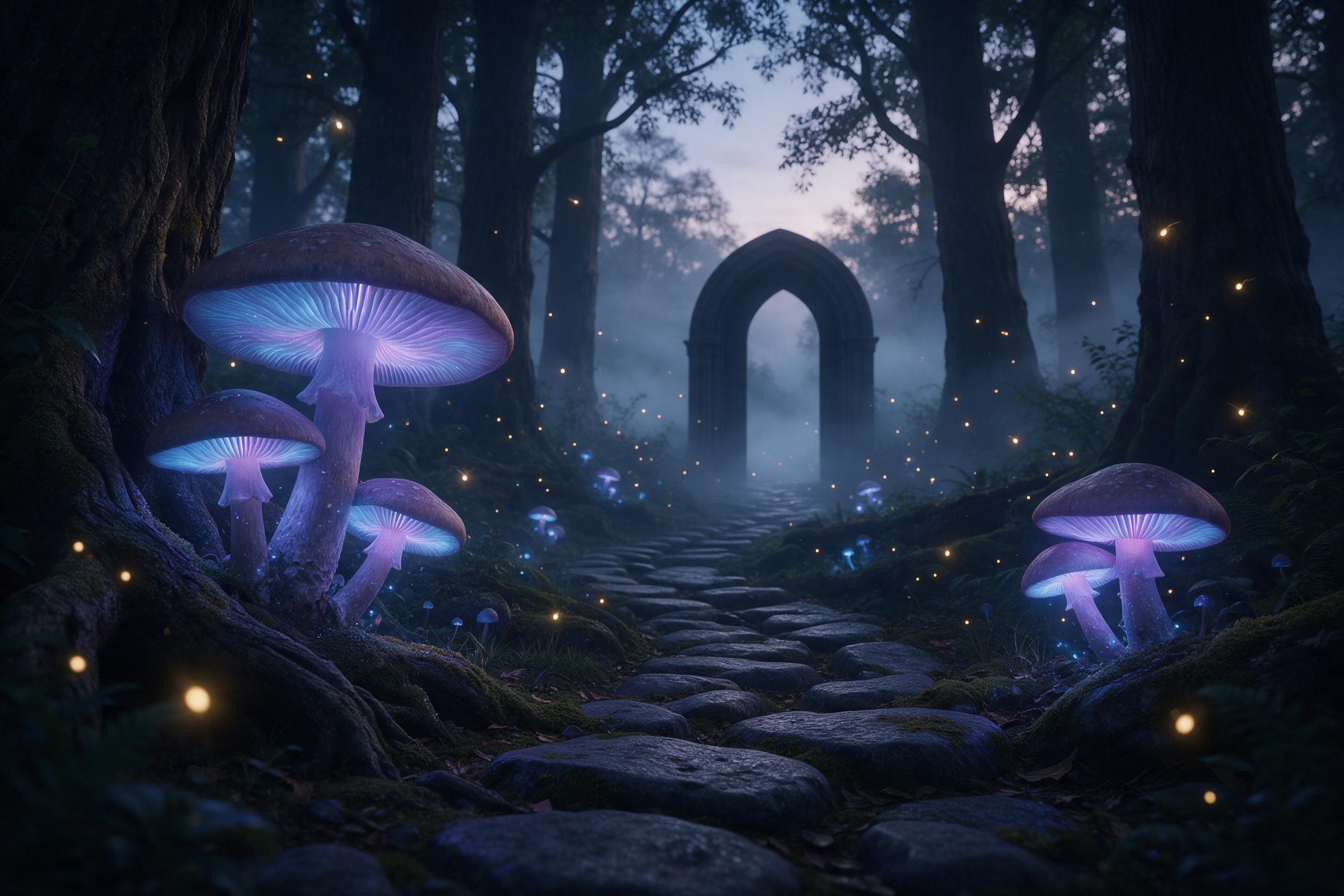 A misty ancient forest clearing at twilight, where giant bioluminescent mushrooms glow in soft blue and purple hues, fireflies drifting like lanterns, a winding path of moss-covered stones leading to a silhouette of a tall arched stone door, fog rolling in from the background, cinematic composition 