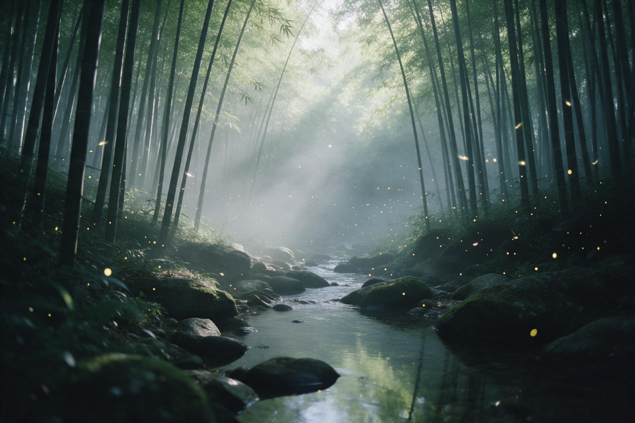 Sunlight filters through dense mist in a bamboo forest, casting long soft shadows. A crystal-clear stream winds between mossy stones, reflecting the pale green canopy above. Delicate fireflies drift midair, their glow adding warm specks against the cool, muted palette. Shot on film, natural grain, s