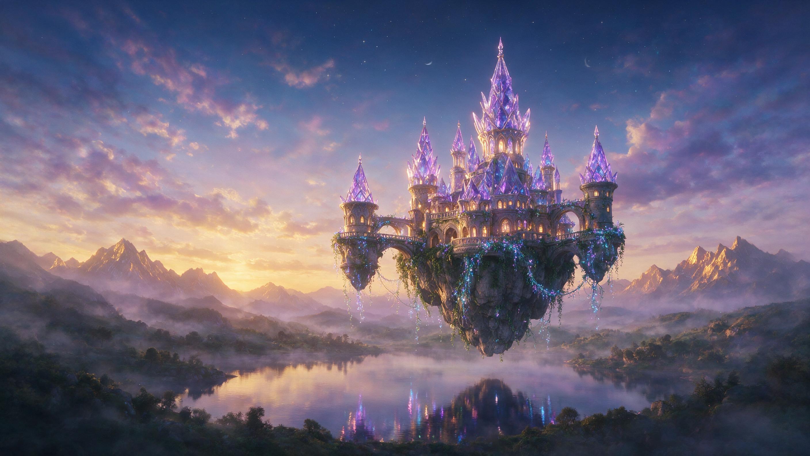A glowing crystal castle floats above a misty valley at twilight, with bioluminescent vines hanging from stone bridges, soft purple and blue light reflects on calm lake below, dreamy atmospheric haze, warm golden hour glow