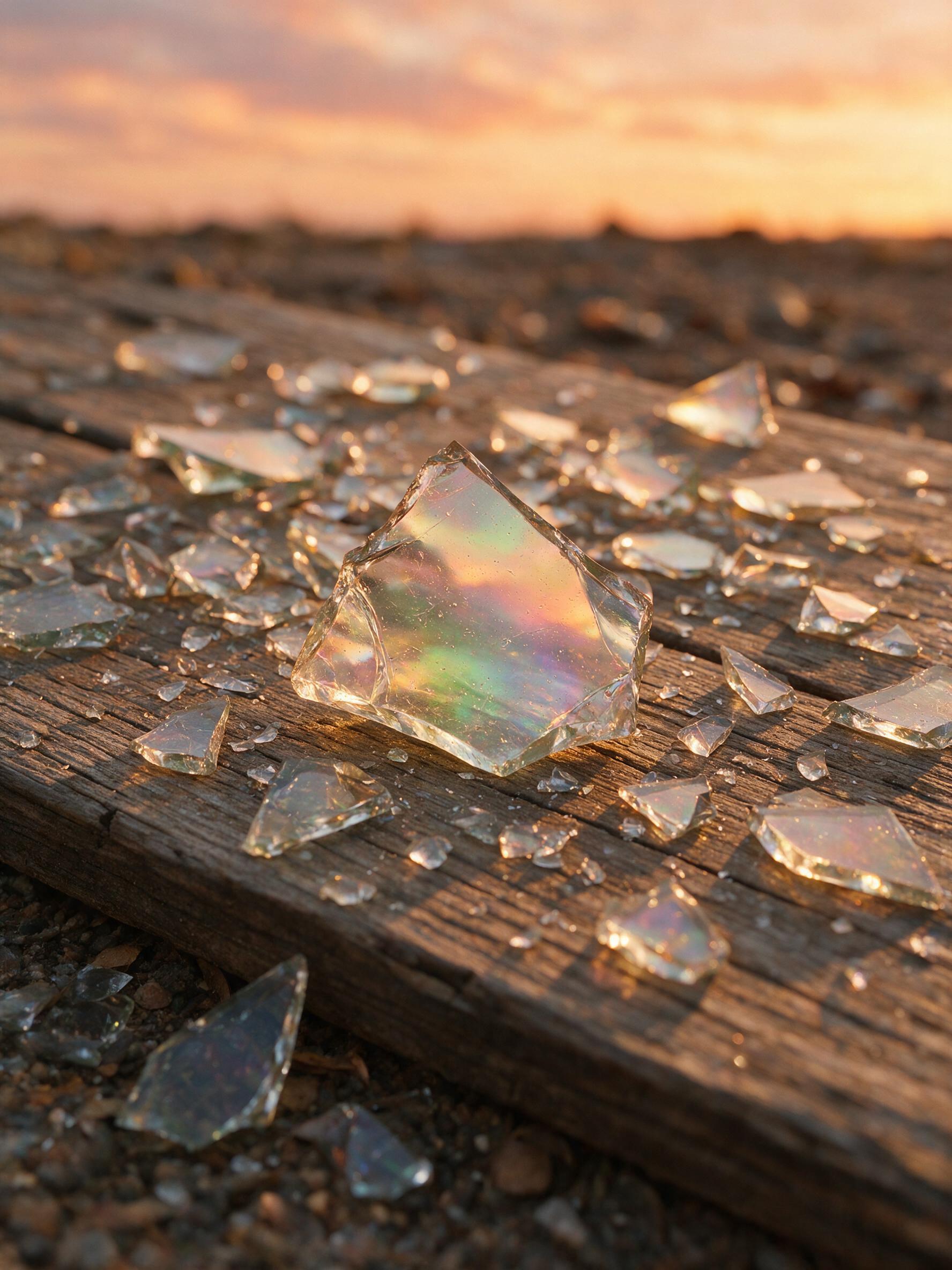 A close-up of fragmented glass shards reflecting a warm sunset, with subtle iridescent hues, soft shadows, and a shallow depth of field, composition centered on a single sharp shard, slight blur in background