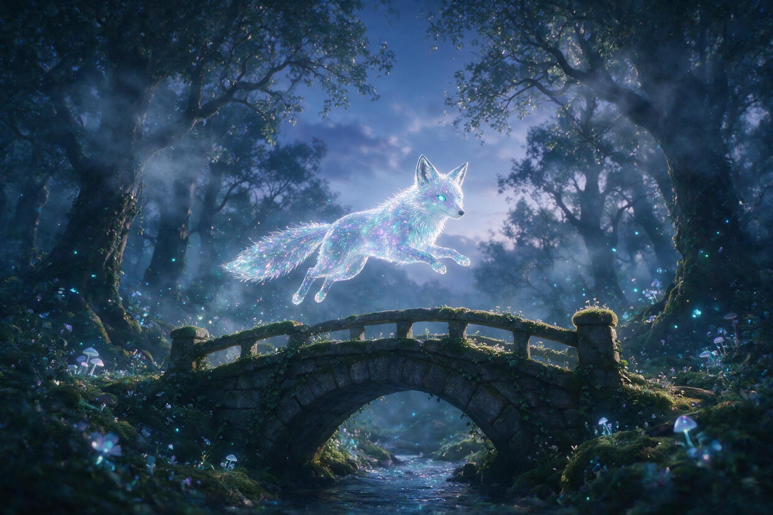 A glowing, translucent fox with crystalline fur, leaping over a moss-covered stone bridge in a misty, bioluminescent forest at twilight. Soft, diffused light filters through ancient trees, casting dappled shadows. The scene is quiet, with a slight grain and a subtle blue-green color palette. No moti